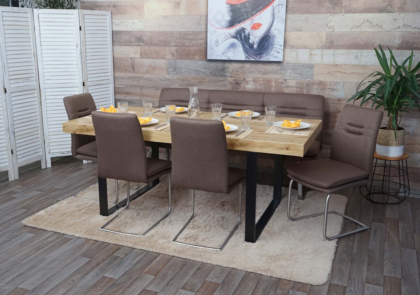 Esszimmer-Set MCW-H70, Esszimmergruppe Sitzgruppe Esszimmergarnitur, Stoff/Textil Edelstahl gebürstet ~ braun 180cm