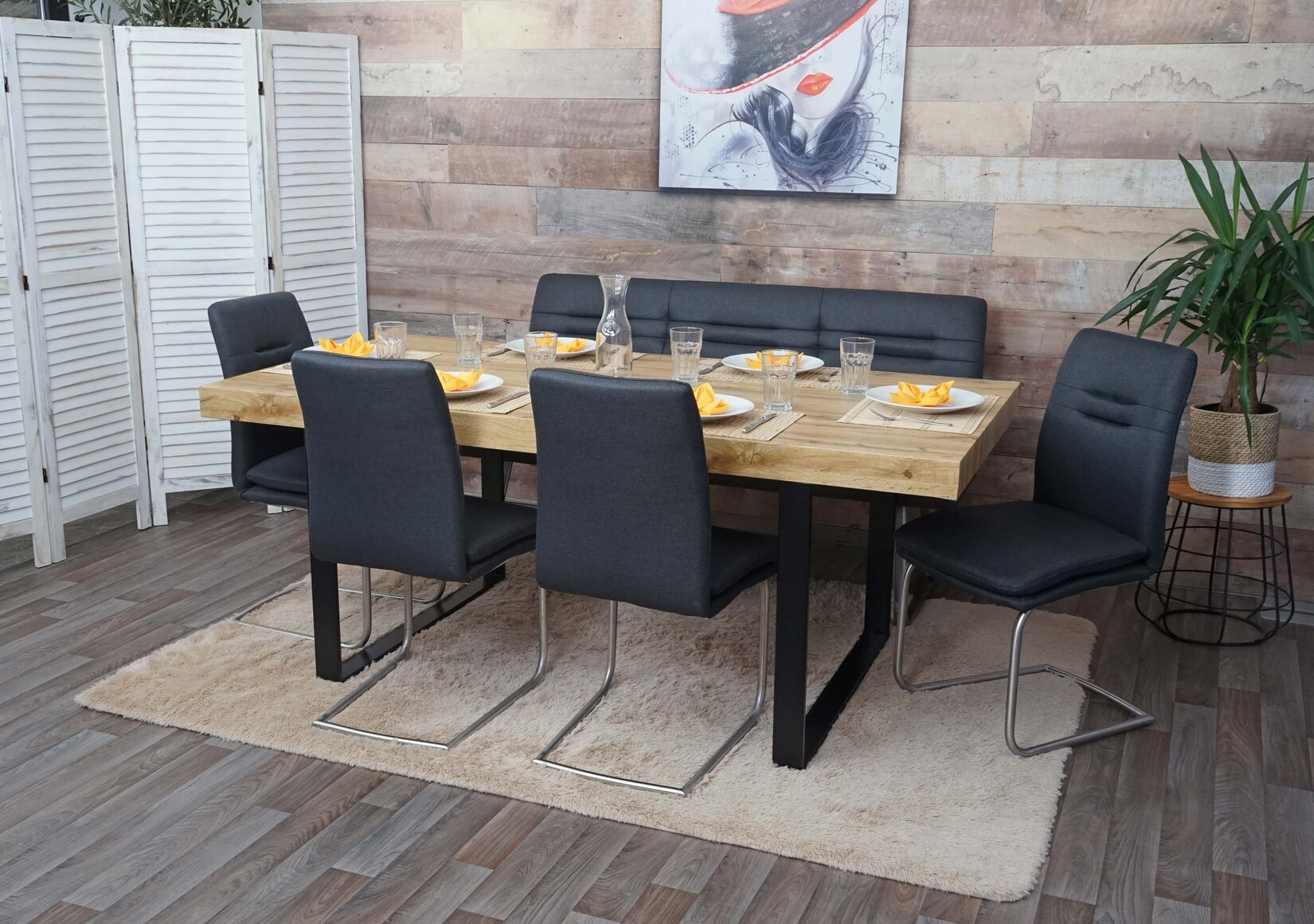 Esszimmer-Set MCW-H70, Esszimmergruppe Sitzgruppe Esszimmergarnitur, Stoff/Textil Edelstahl gebürstet ~ dunkelgrau 160cm