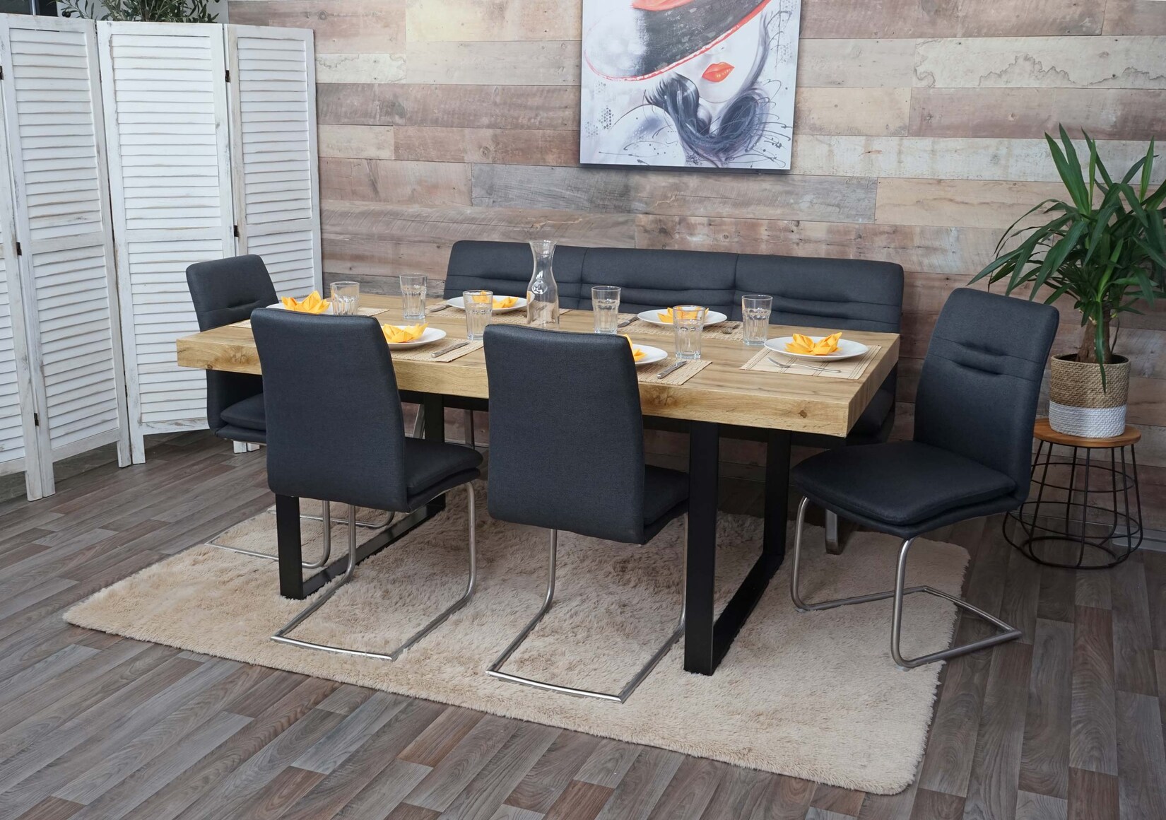 Esszimmer-Set MCW-H70, Esszimmergruppe Sitzgruppe Esszimmergarnitur, Stoff/Textil Edelstahl gebürstet ~ dunkelgrau 180cm