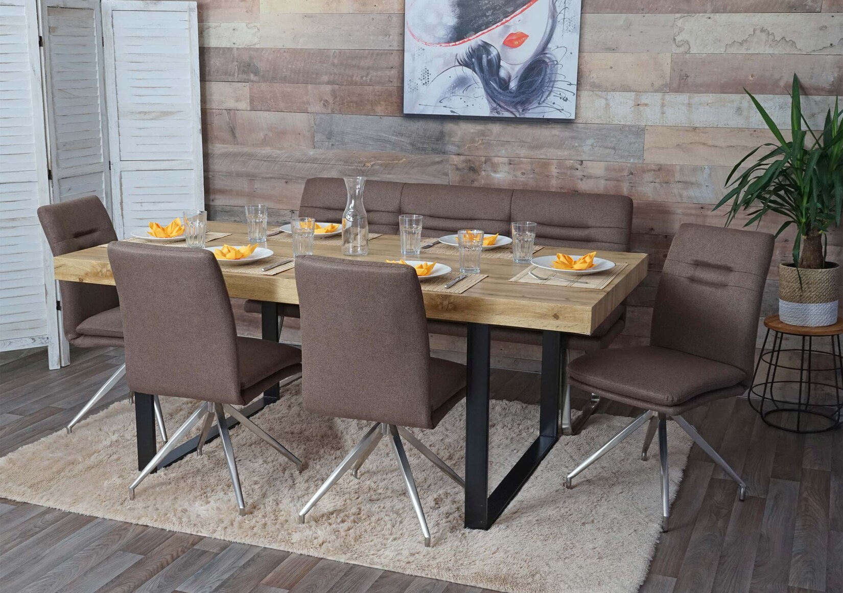Esszimmer-Set MCW-H70, Sitzgruppe Esszimmergruppe Esszimmergarnitur, Stoff/Textil Edelstahl gebürstet ~ braun 160cm