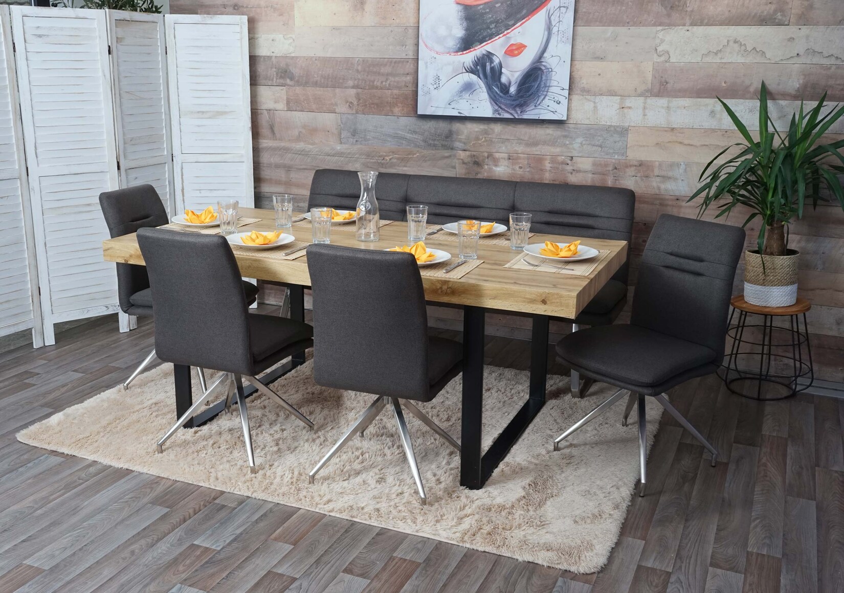 Esszimmer-Set MCW-H70, Sitzgruppe Esszimmergruppe Esszimmergarnitur, Stoff/Textil Edelstahl gebürstet ~ grau-braun 180cm