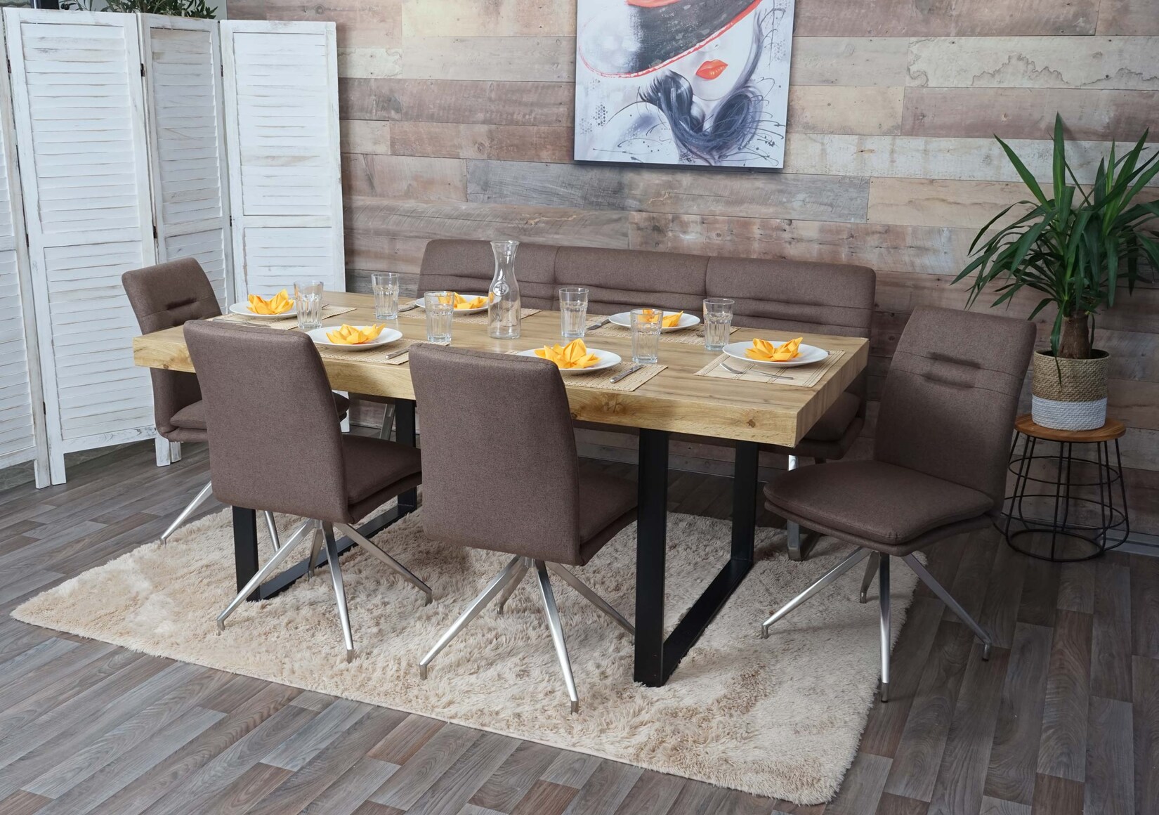Esszimmer-Set MCW-H70, Sitzgruppe Esszimmergruppe Esszimmergarnitur, Stoff/Textil Edelstahl gebürstet ~ braun 180cm