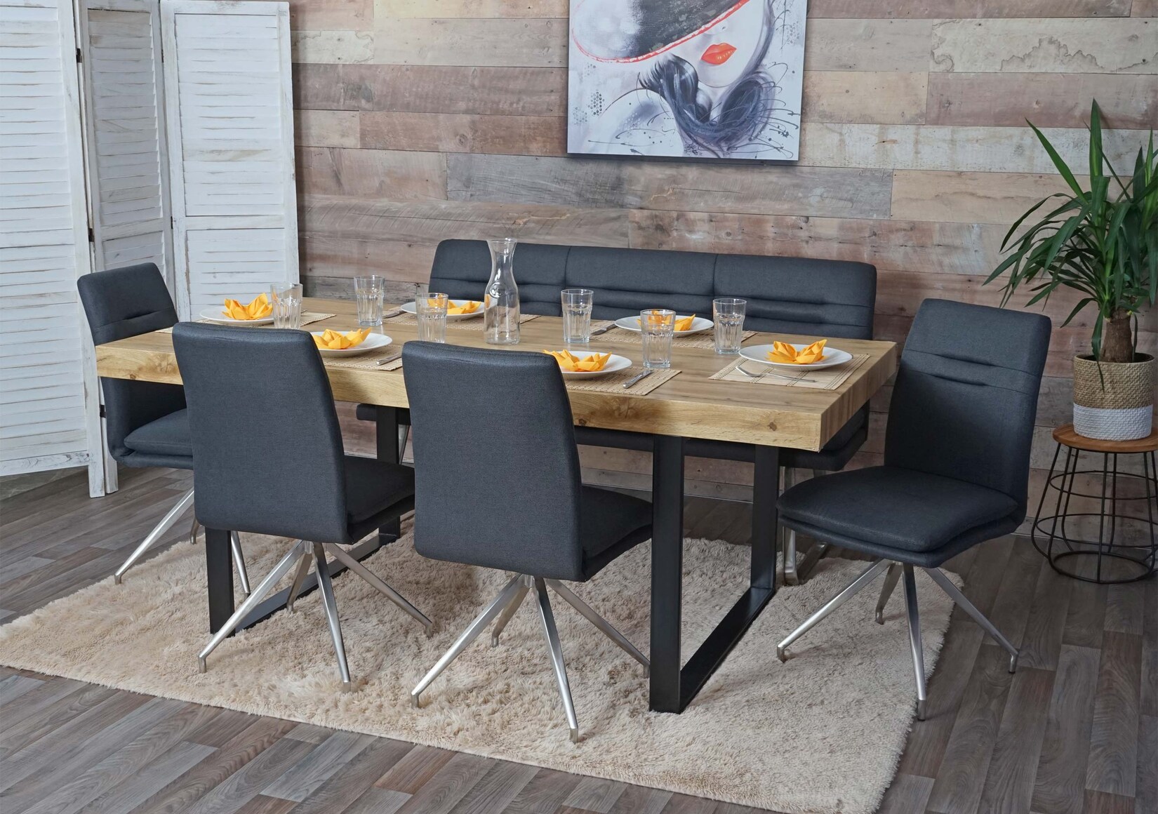 Esszimmer-Set MCW-H70, Sitzgruppe Esszimmergruppe Esszimmergarnitur, Stoff/Textil Edelstahl gebürstet ~ dunkelgrau 160cm