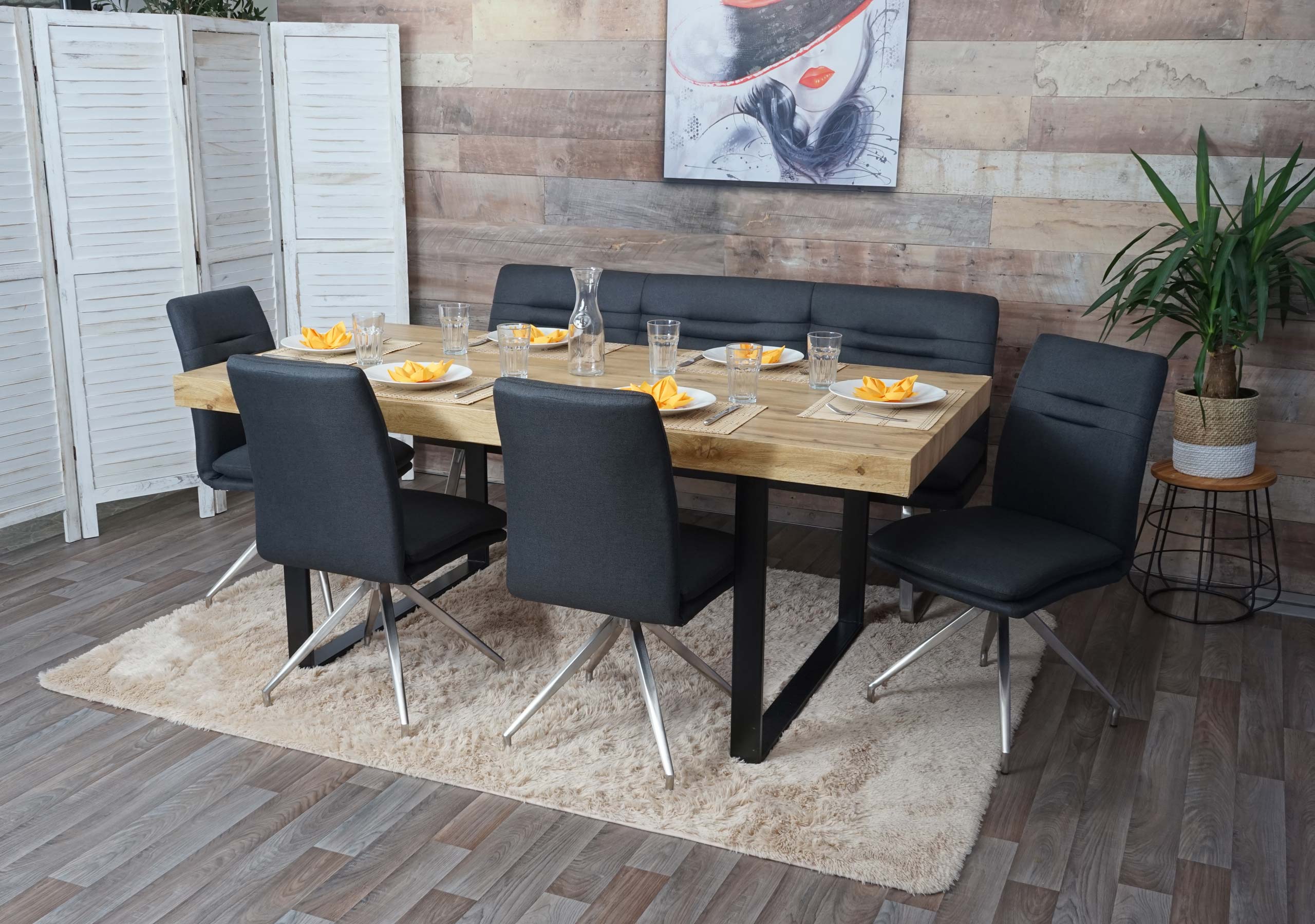 Esszimmer-Set MCW-H70, Sitzgruppe Esszimmergruppe Esszimmergarnitur, Stoff/Textil Edelstahl geb&uuml;rstet ~ dunkelgrau 180cm - Bild 1