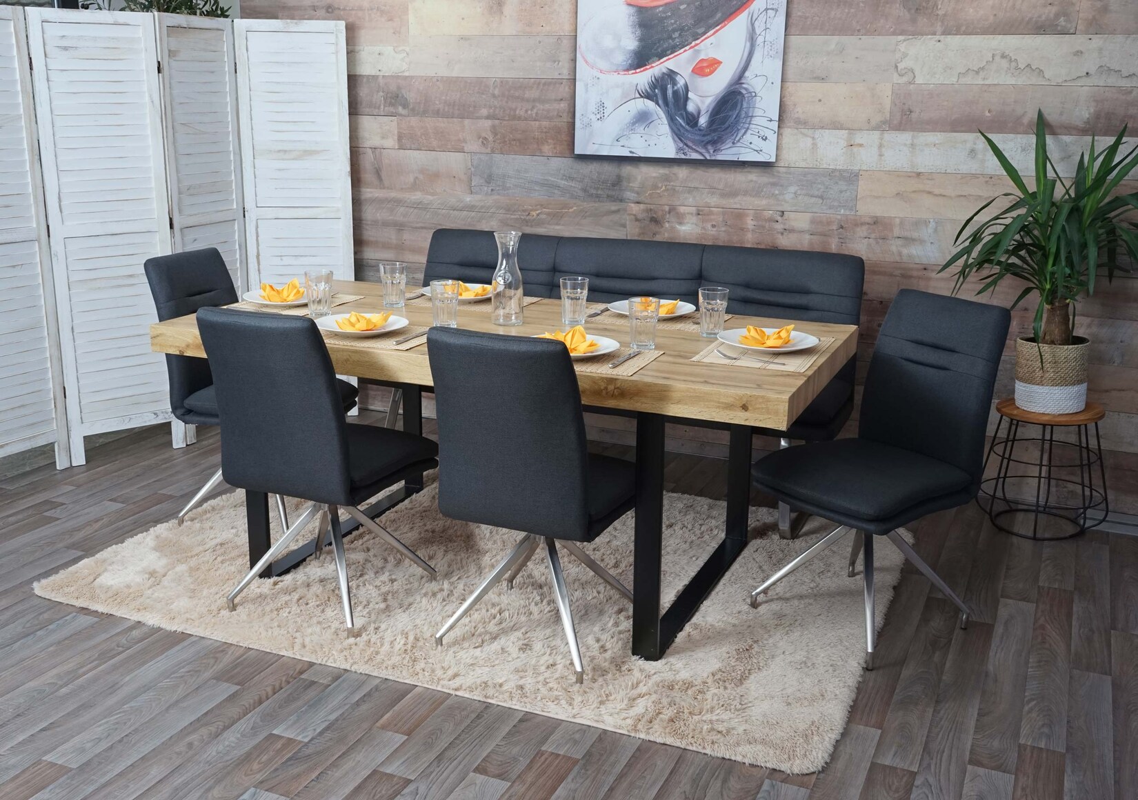 Esszimmer-Set MCW-H70, Sitzgruppe Esszimmergruppe Esszimmergarnitur, Stoff/Textil Edelstahl gebürstet ~ dunkelgrau 180cm