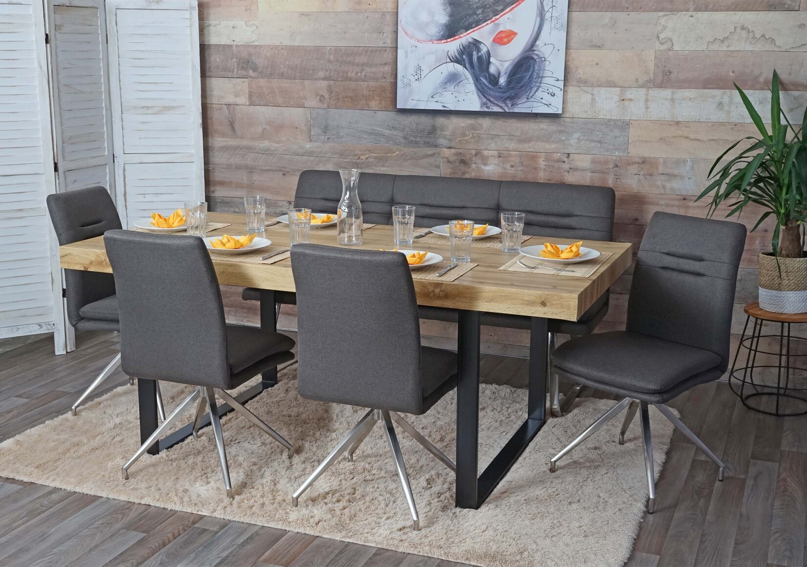 Esszimmer-Set MCW-H70, Sitzgruppe Esszimmergruppe Esszimmergarnitur, Stoff/Textil Edelstahl gebürstet ~ grau-braun 160cm