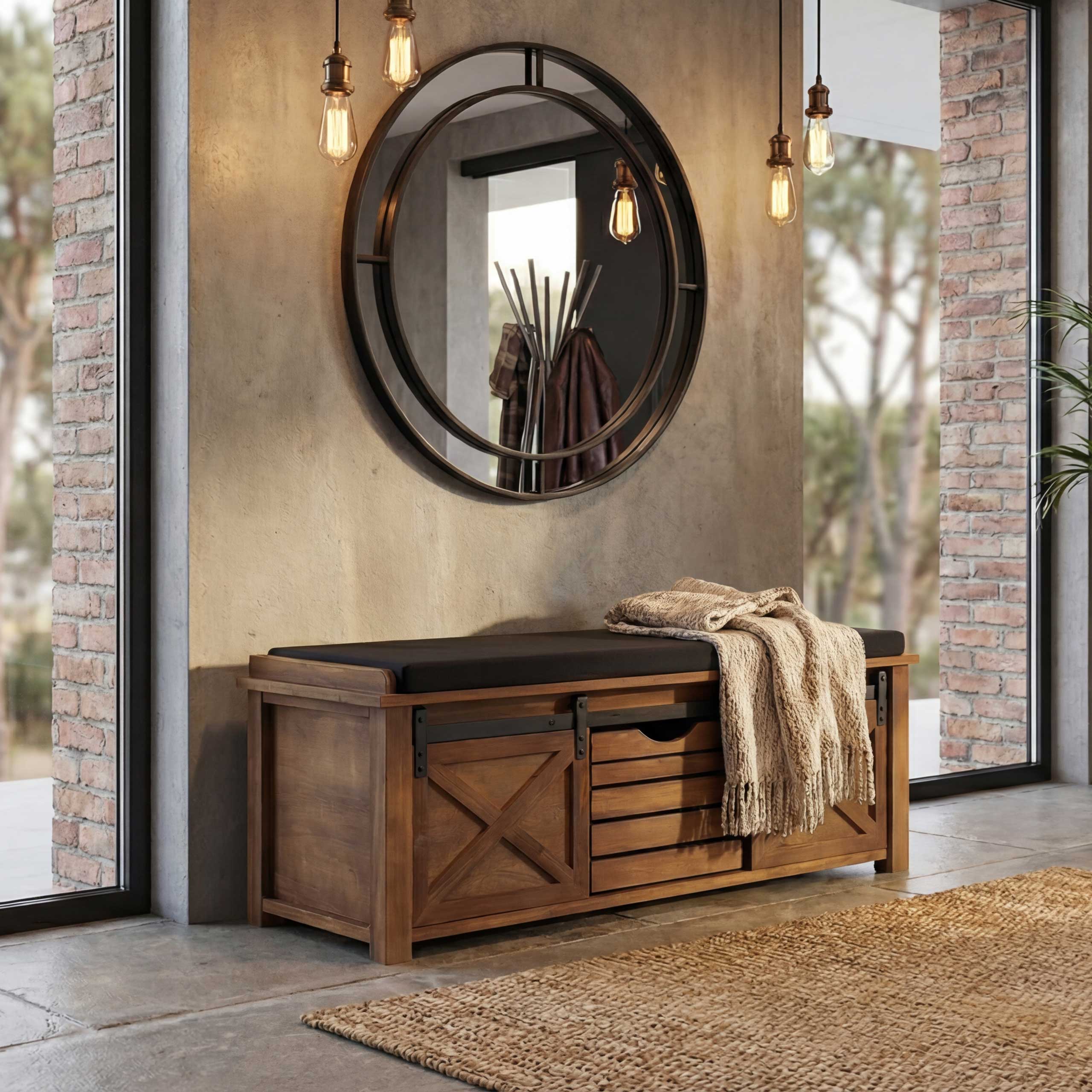 Sitzbank mit Stauf&auml;chern MCW-H53, Polsterbank Sitz-Kommode, Shabby-Look Massiv-Holz Metall Stoff 43x102x33cm ~ braun - Bild 1