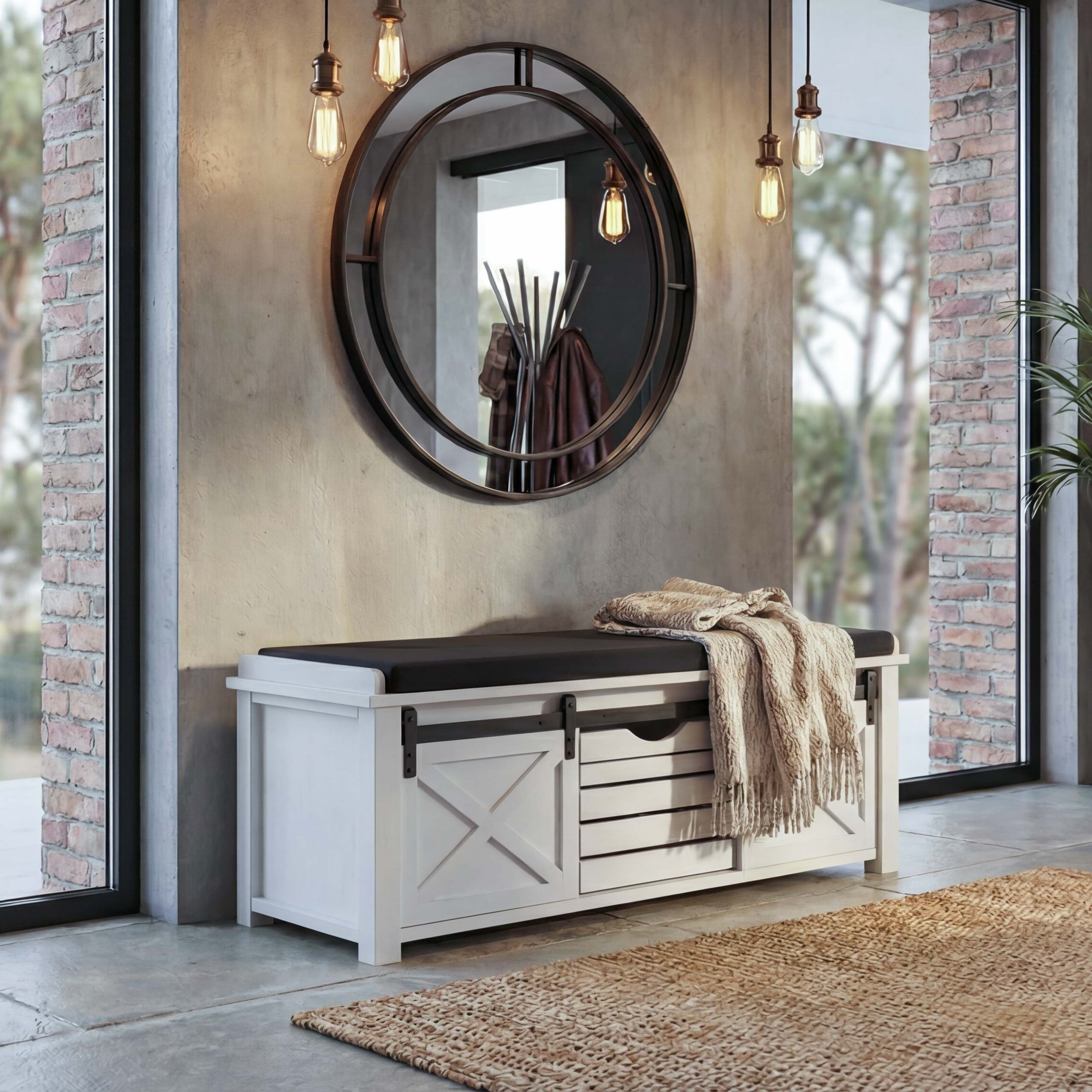 Sitzbank mit Stauf&auml;chern MCW-H53, Polsterbank Sitz-Kommode, Shabby-Look Massiv-Holz Metall Stoff 43x102x33cm ~ wei&szlig; - Bild 1