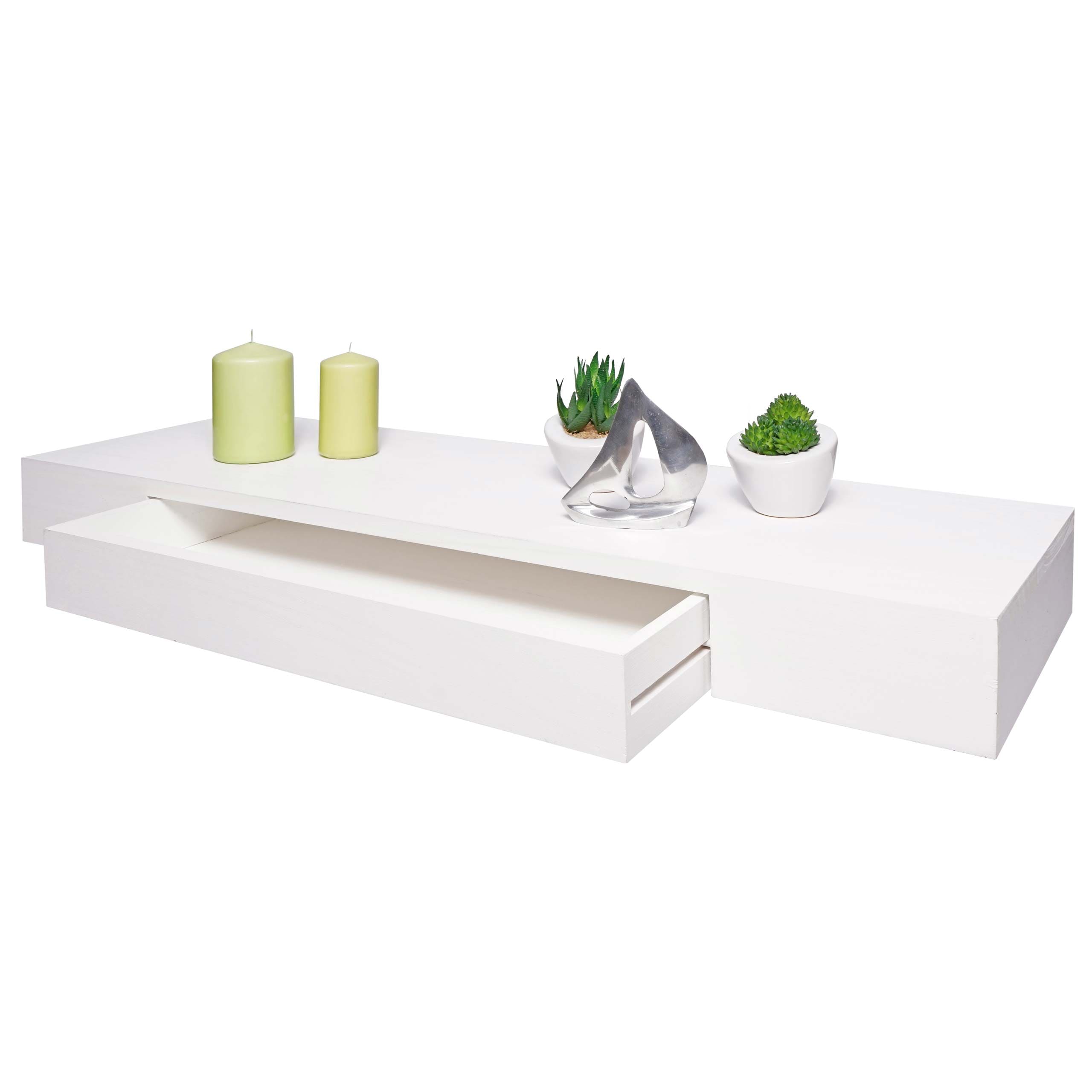 Wandregal MCW-H37, Schweberegal Wandboard H&auml;ngeregal Regal, Schublade Massiv-Holz 8x80x25cm ~ wei&szlig; - Bild 1