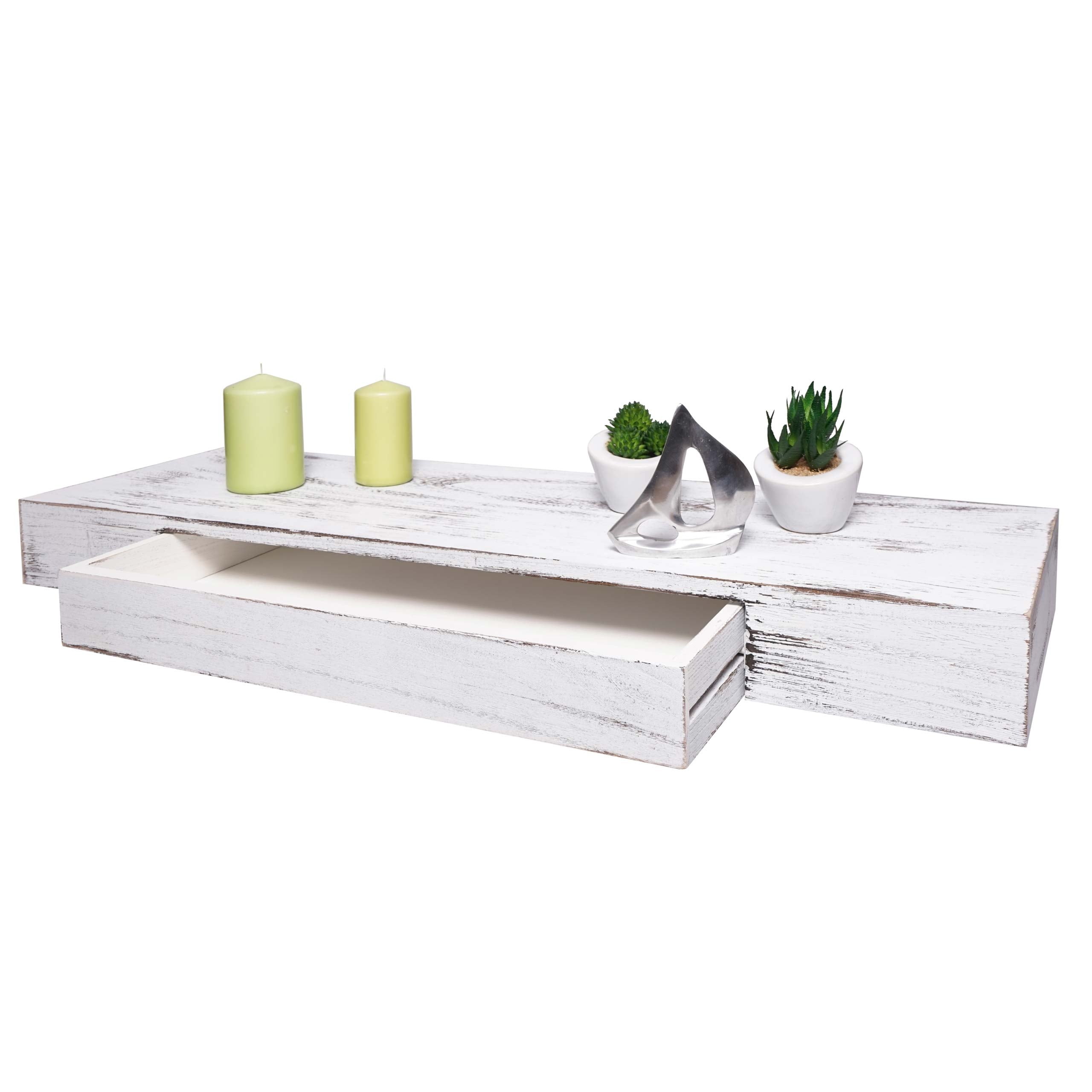 Wandregal MCW-H37, Schweberegal Wandboard H&auml;ngeregal Regal, Schublade Massiv-Holz 8x80x25cm ~ wei&szlig;, shabby - Bild 1