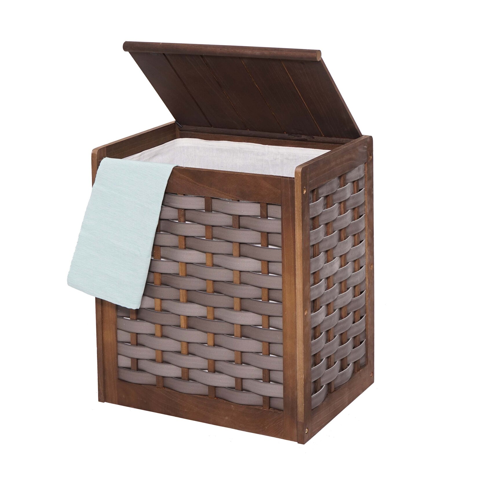 Wäschekorb MCW-G37, Wäschesammler Wäschesortierer Wäschebox, Massiv-Holz Shabby-Look Geflecht 61x51x35cm ~ braun
