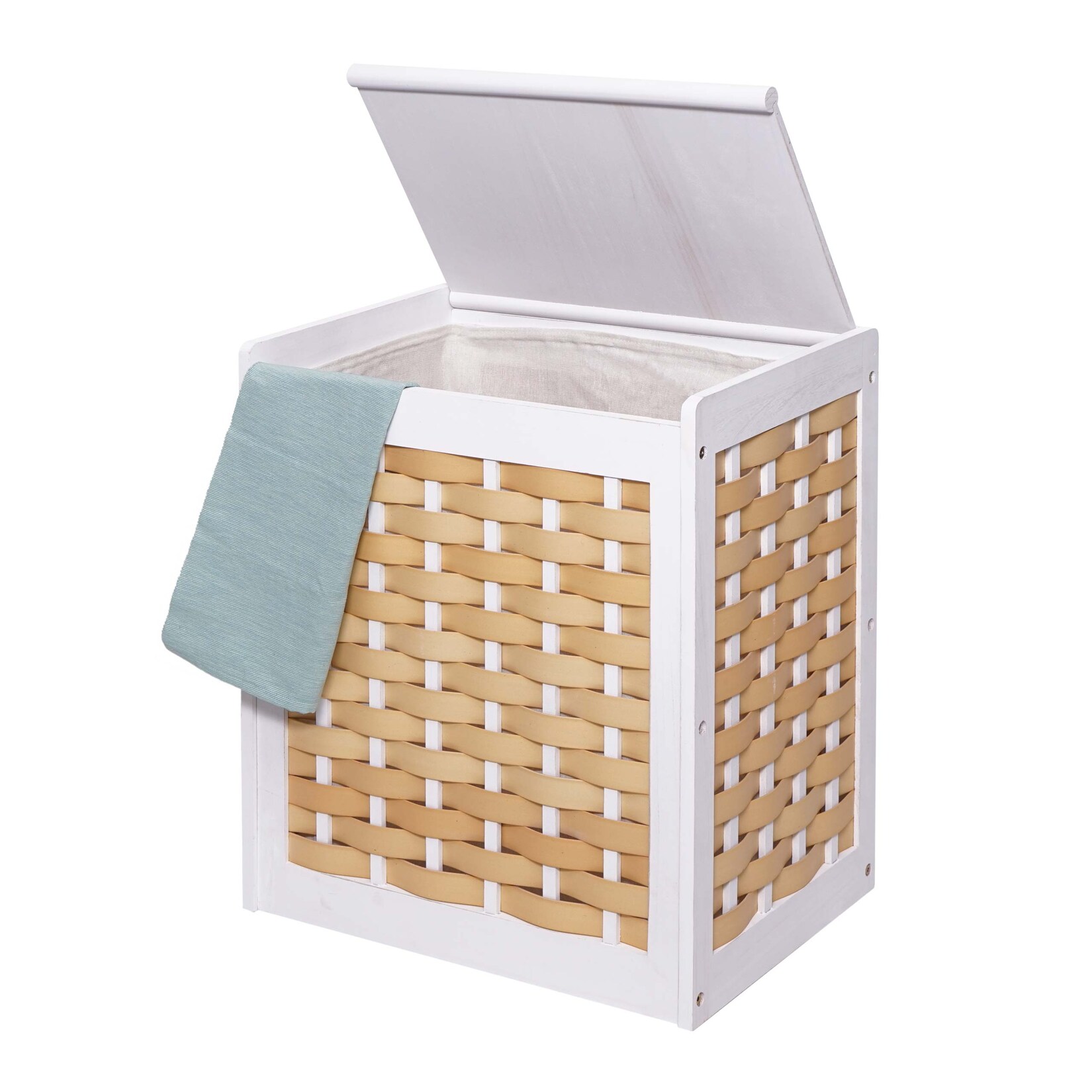 Wäschekorb MCW-G37, Wäschesammler Wäschesortierer Wäschebox, Massiv-Holz Shabby-Look Geflecht 61x51x35cm ~ weiß