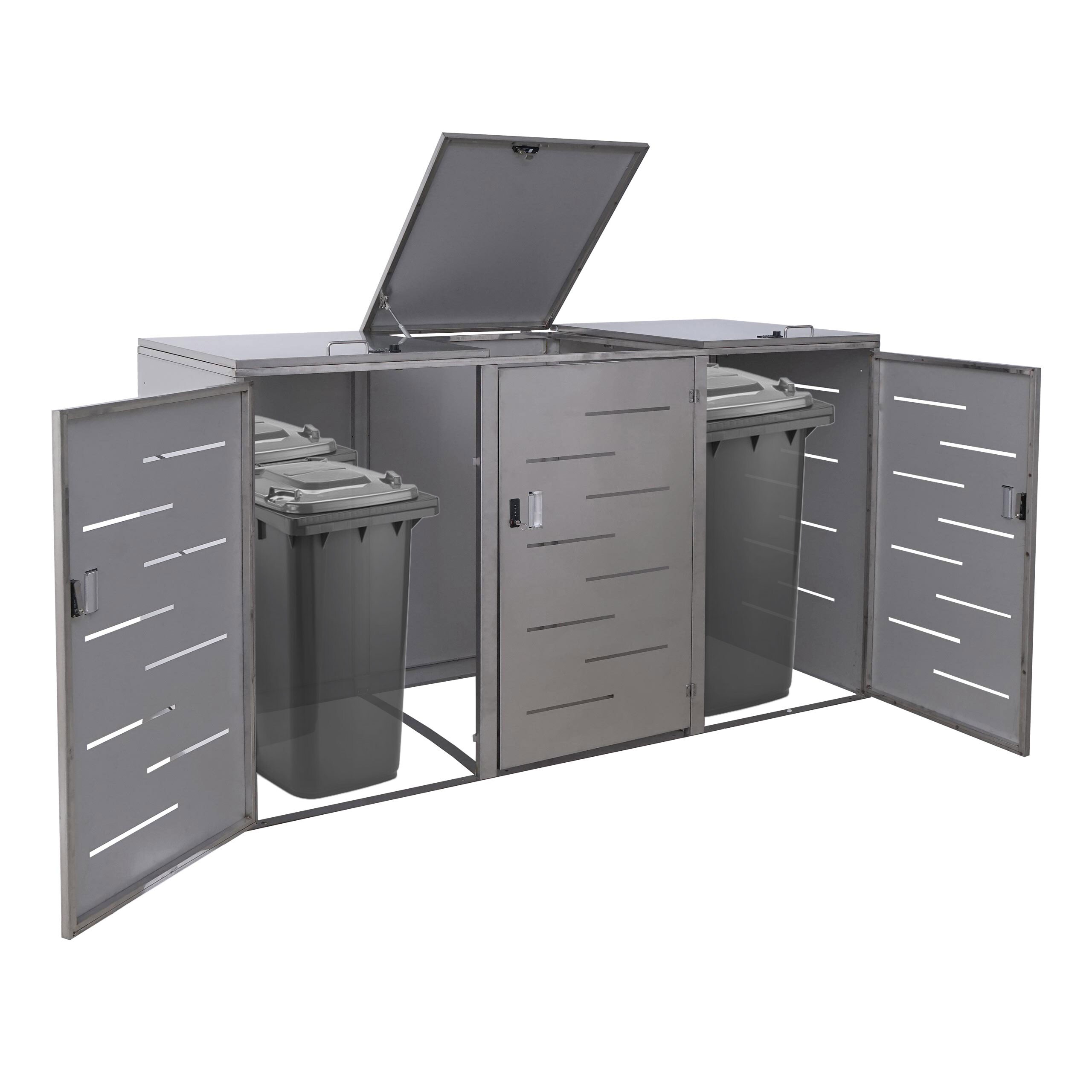 XL 3er-/6er-M&uuml;lltonnenverkleidung MCW-E83, M&uuml;lltonnenbox, erweiterbar 116x212x98cm ~ Edelstahl 85kg - Bild 1