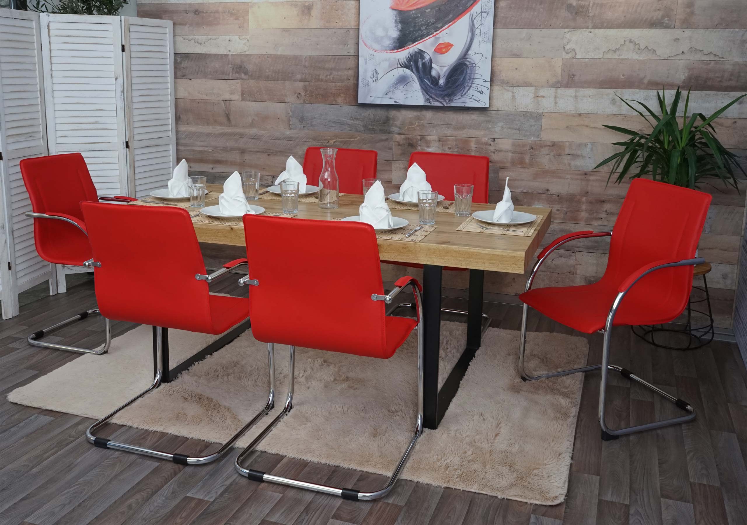6er-Set Esszimmerstuhl Perm, Freischwinger K&uuml;chenstuhl Lehnstuhl Stuhl, Stahl ~ rot - Bild 1
