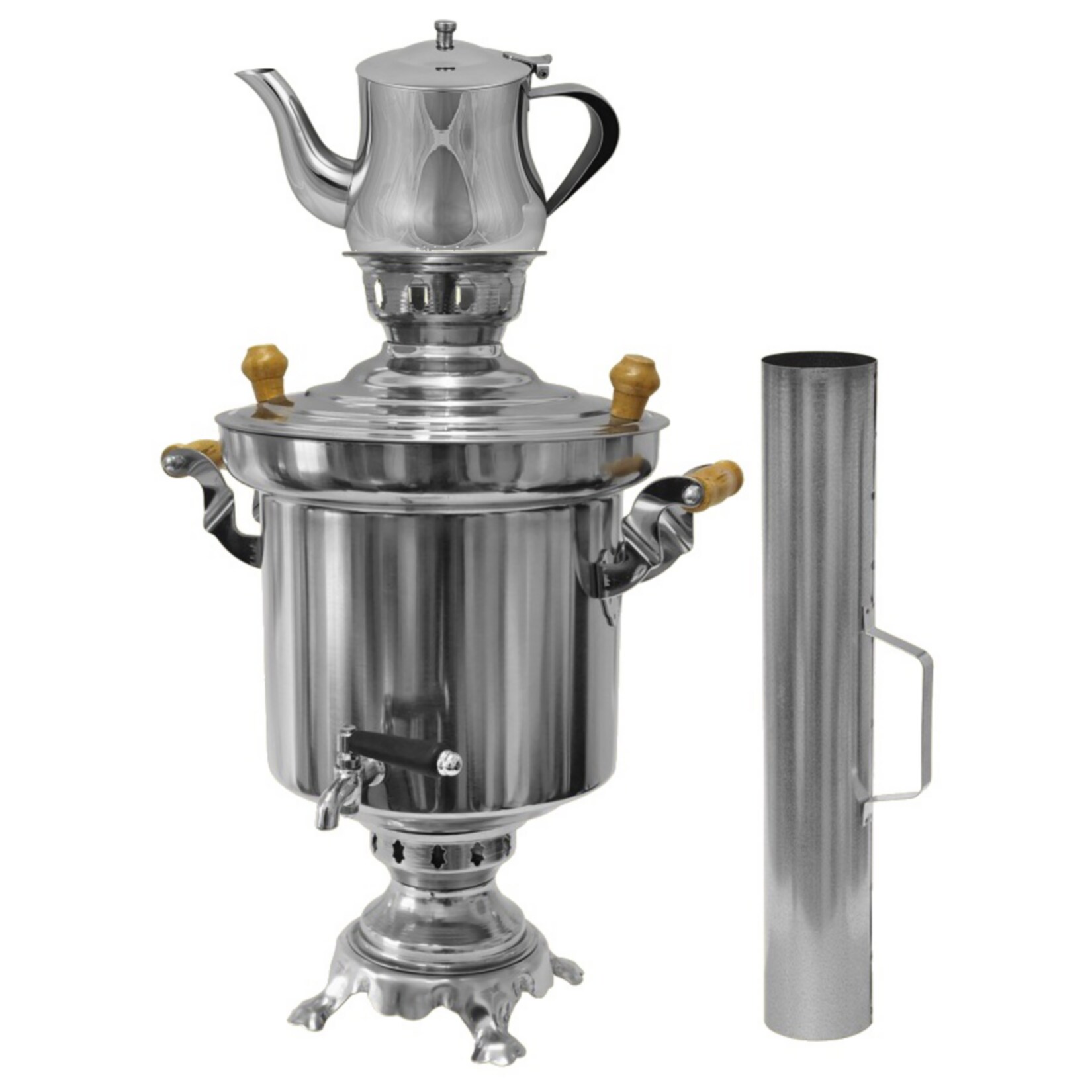 Edelstahl Holzkohle Samowar 5 Liter mit 0,9 Liter Teekanne + Schornstein Wasserkocher | 04260307163693