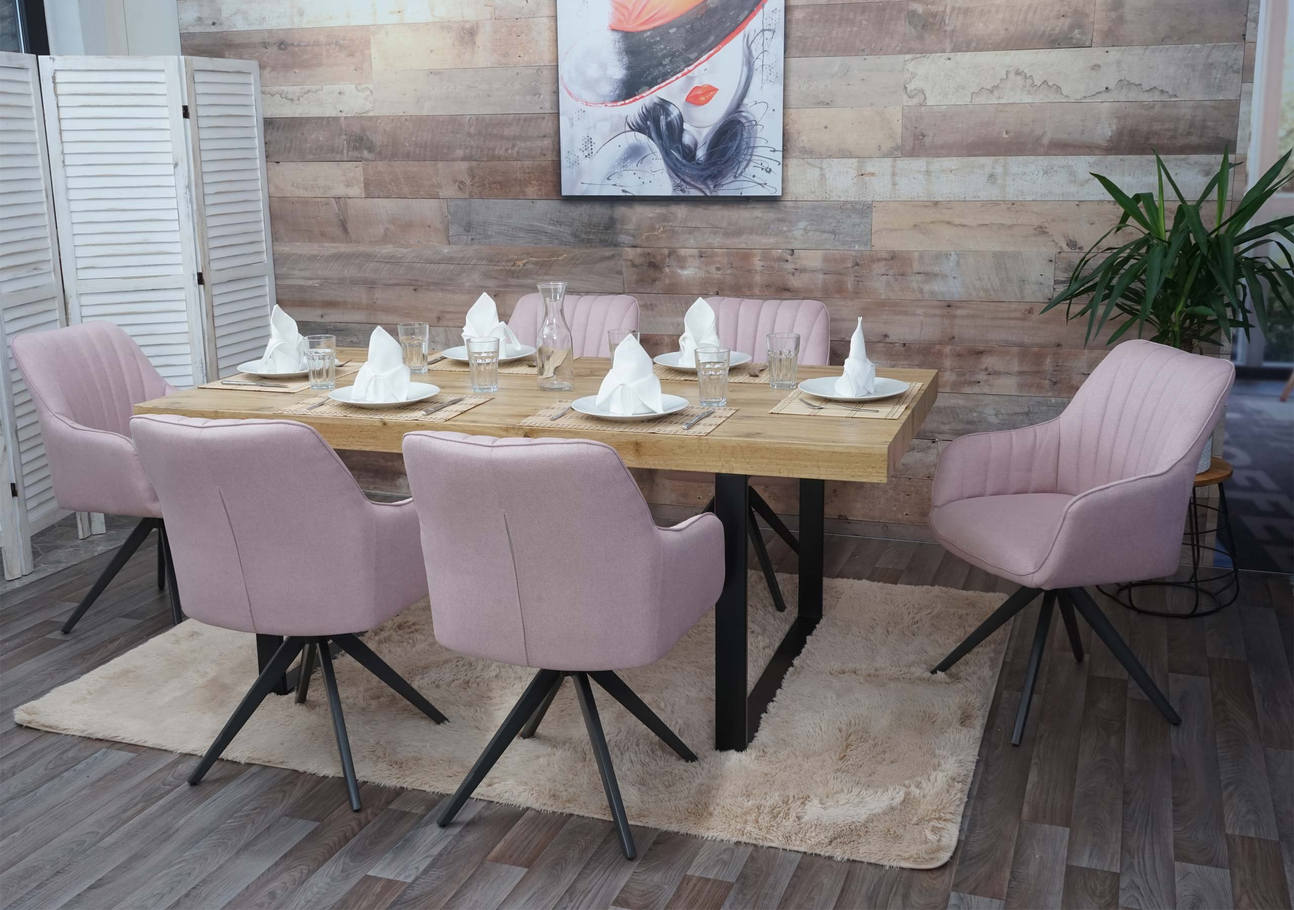 6er-Set Esszimmerstuhl MCW-H73, K&uuml;chenstuhl Stuhl Armlehnstuhl, Retro Stahl Stoff/Textil ~ rosa - Bild 1