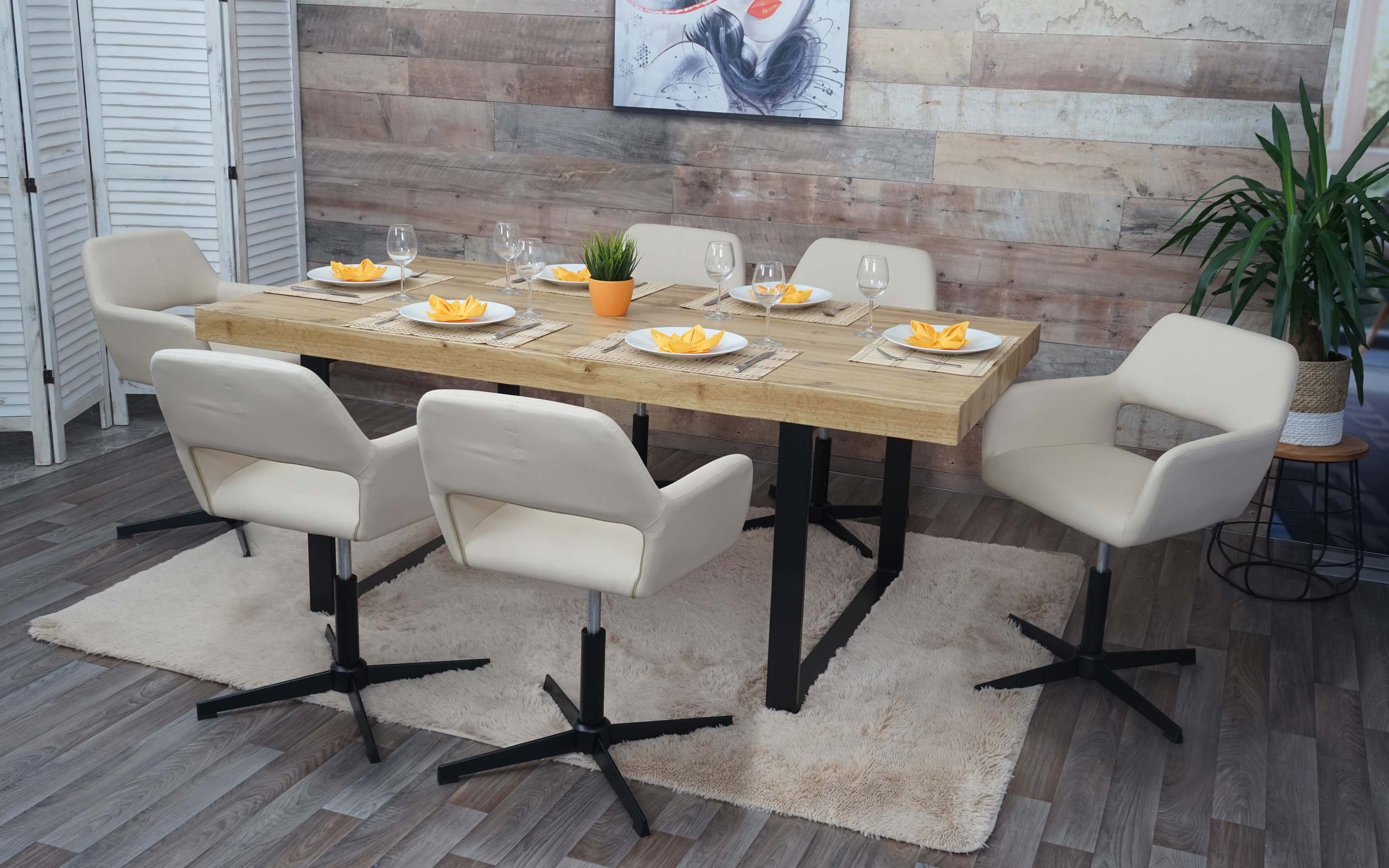 6er-Set Esszimmerstuhl MCW-A50 IV, Stuhl K&uuml;chenstuhl, Retro h&ouml;henverstellbar Drehmechanismus ~ Kunstleder creme, Fu&szlig; schwarz - Bild 1