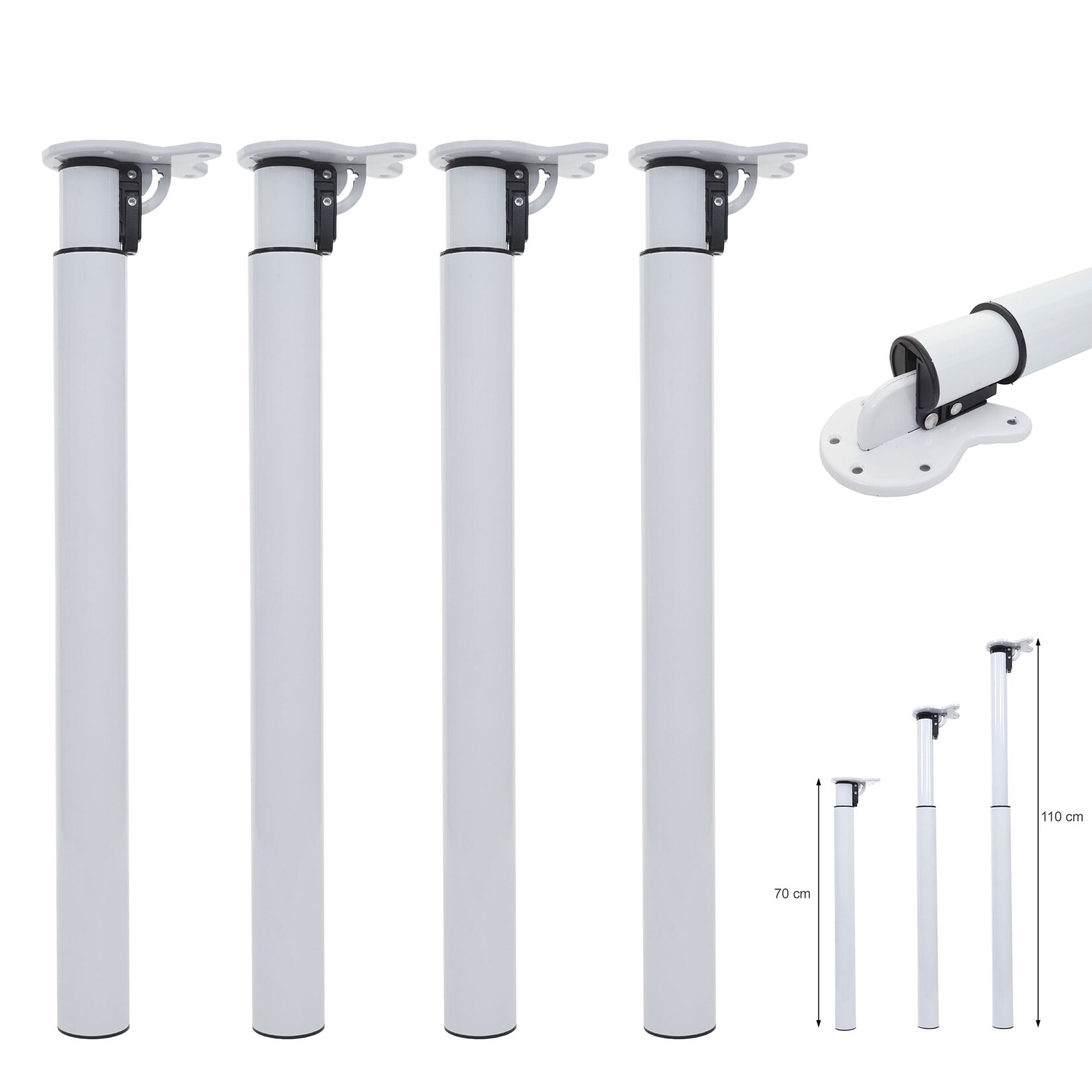 4er-Set Tischbein MCW-H35, für Schreibtisch Esstischfuß, klappbar Drehmechanismus höhenverstellbar 70-110cm ~ weiß | 04057651411842