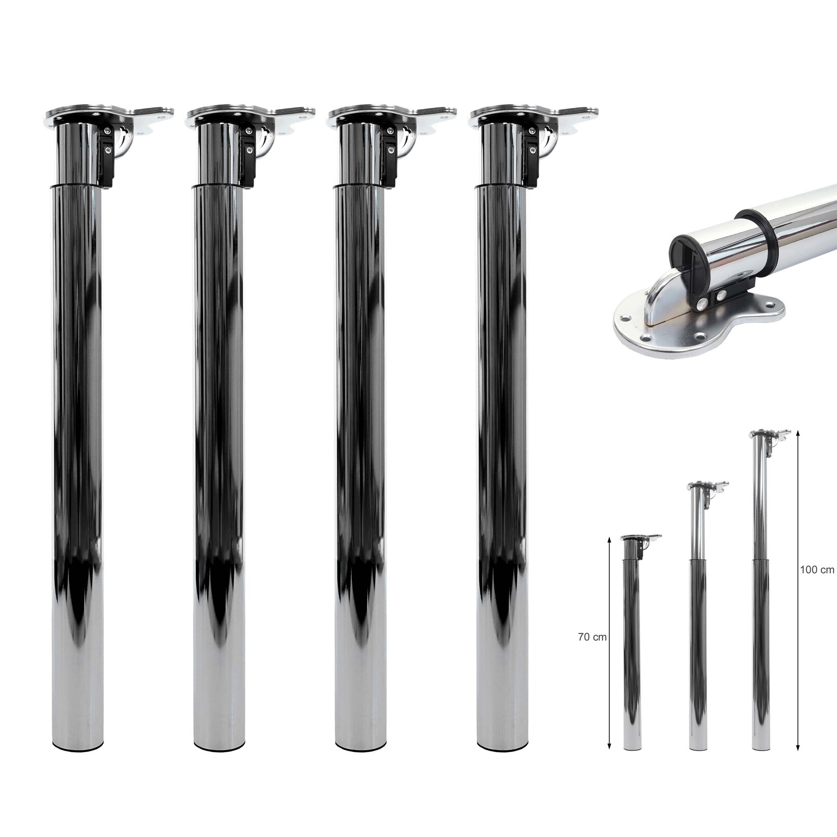 4er-Set Tischbein MCW-H35, für Schreibtisch Esstischfuß, klappbar Drehmechanismus höhenverstellbar 70-110cm ~ Edelstahl-Optik | 04057651411811