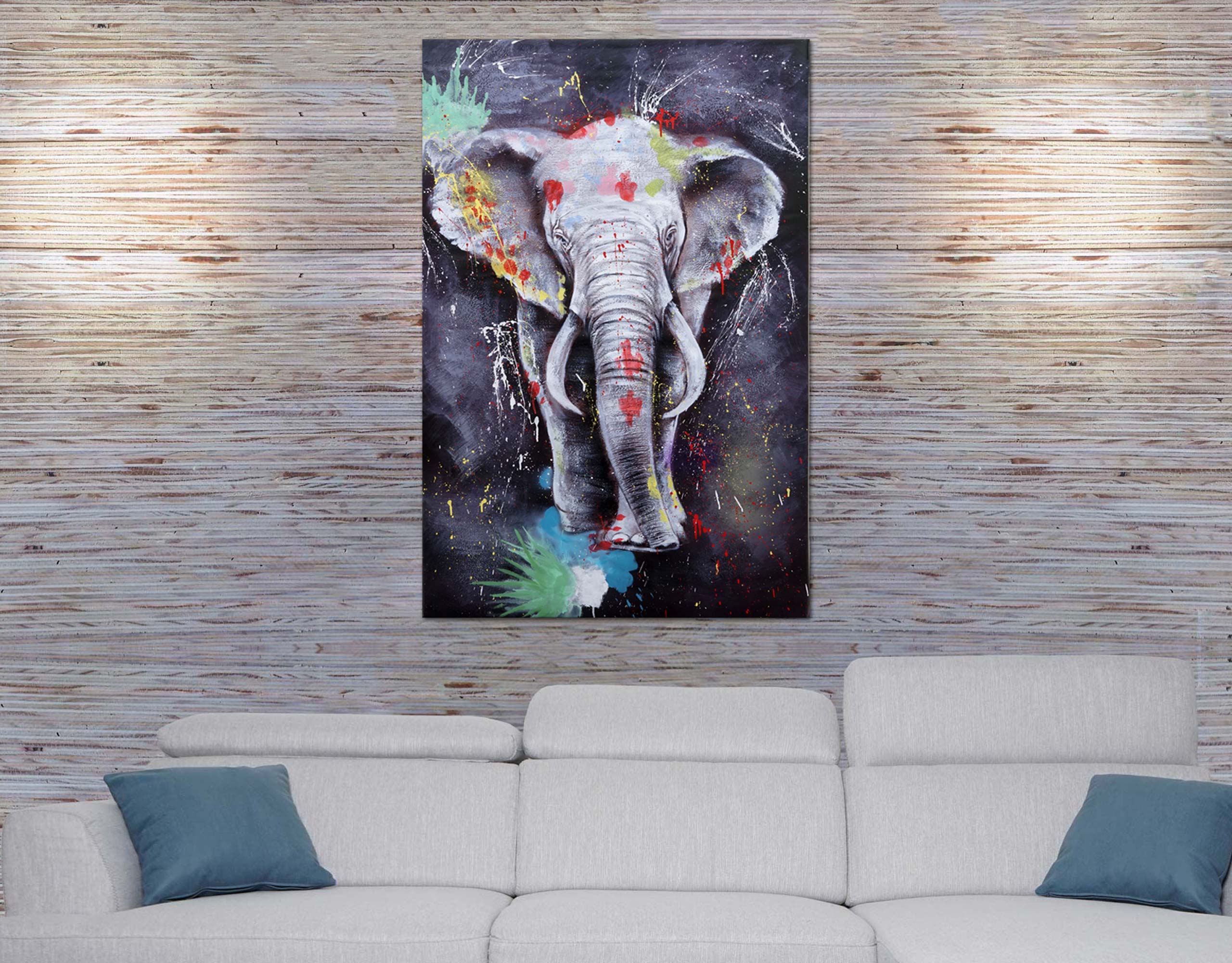&Ouml;lgem&auml;lde Elefant MCW-H25, Leinwandbild Wandgem&auml;lde Gem&auml;lde, handgemaltes XL Wandbild ~ 180x120cm - Bild 1