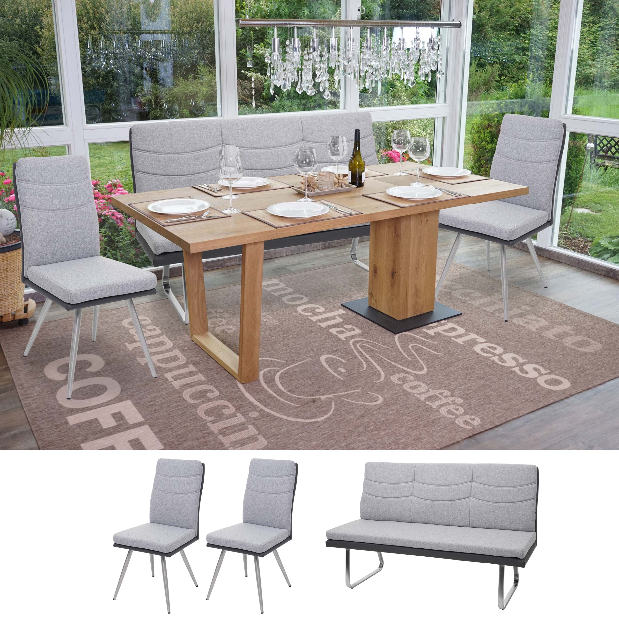 Set 2x Esszimmerstuhl+Sitzbank MCW-G54, Bank K&uuml;chenstuhl Stuhl, Stoff/Kunstleder Edelstahl ~ grau Bank 180cm - Bild 1