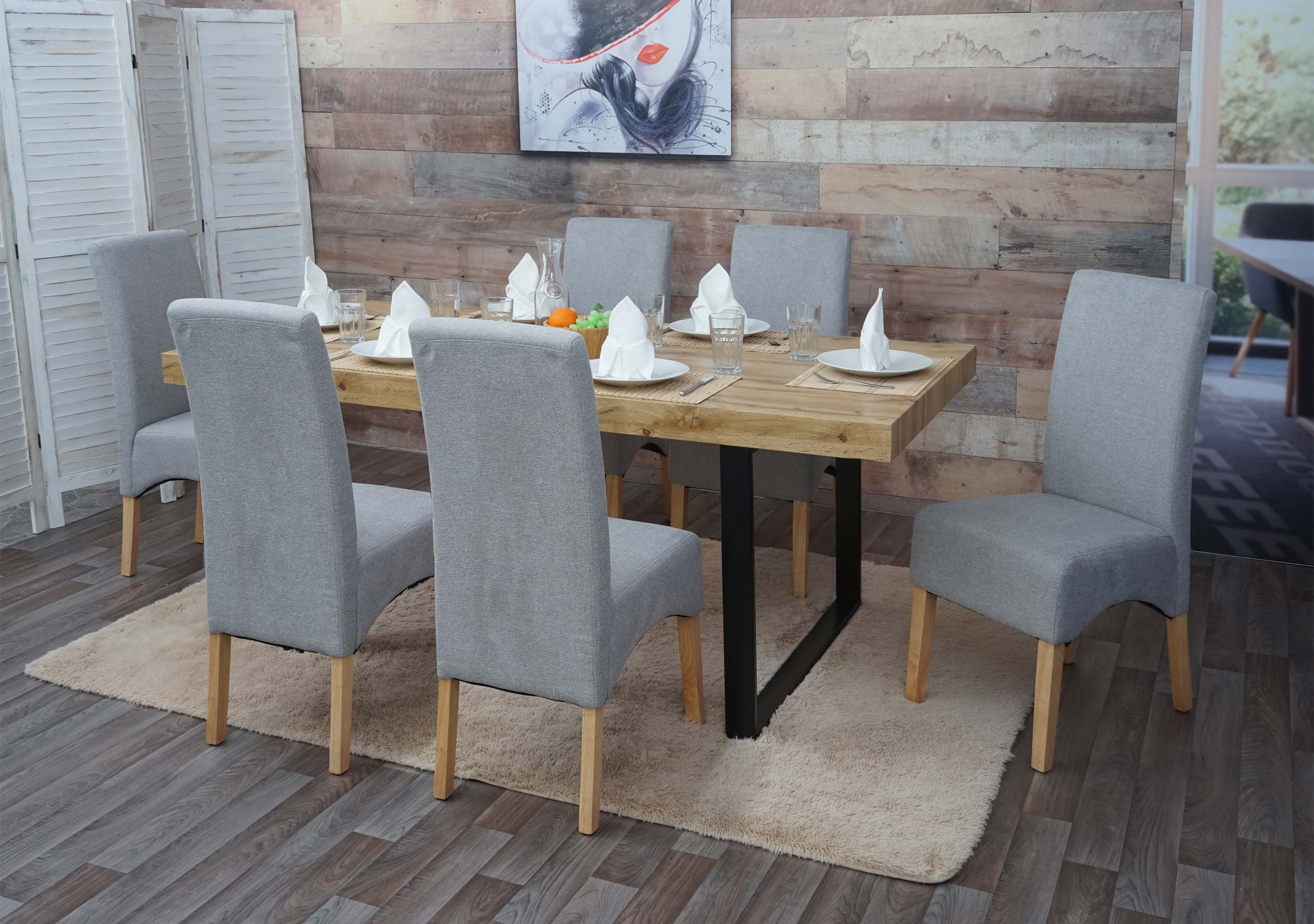 6er-Set Esszimmerstuhl Crotone, K&uuml;chenstuhl Stuhl, Stoff/Textil MVG-zertifiziert ~ hellgrau, helle Beine - Bild 1