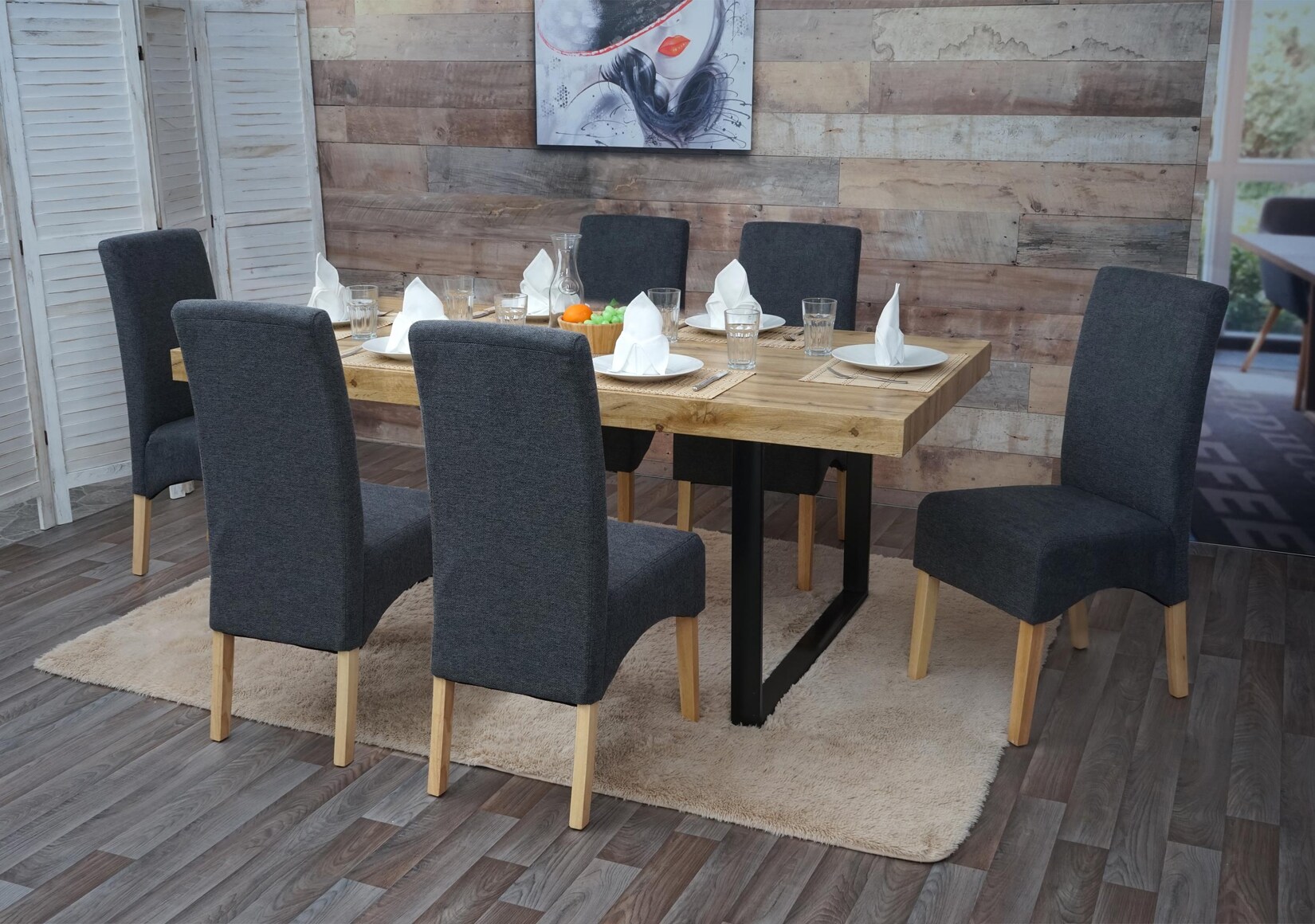 6er-Set Esszimmerstuhl Crotone, Küchenstuhl Stuhl, Stoff/Textil MVG-zertifiziert ~ dunkelgrau, helle Beine