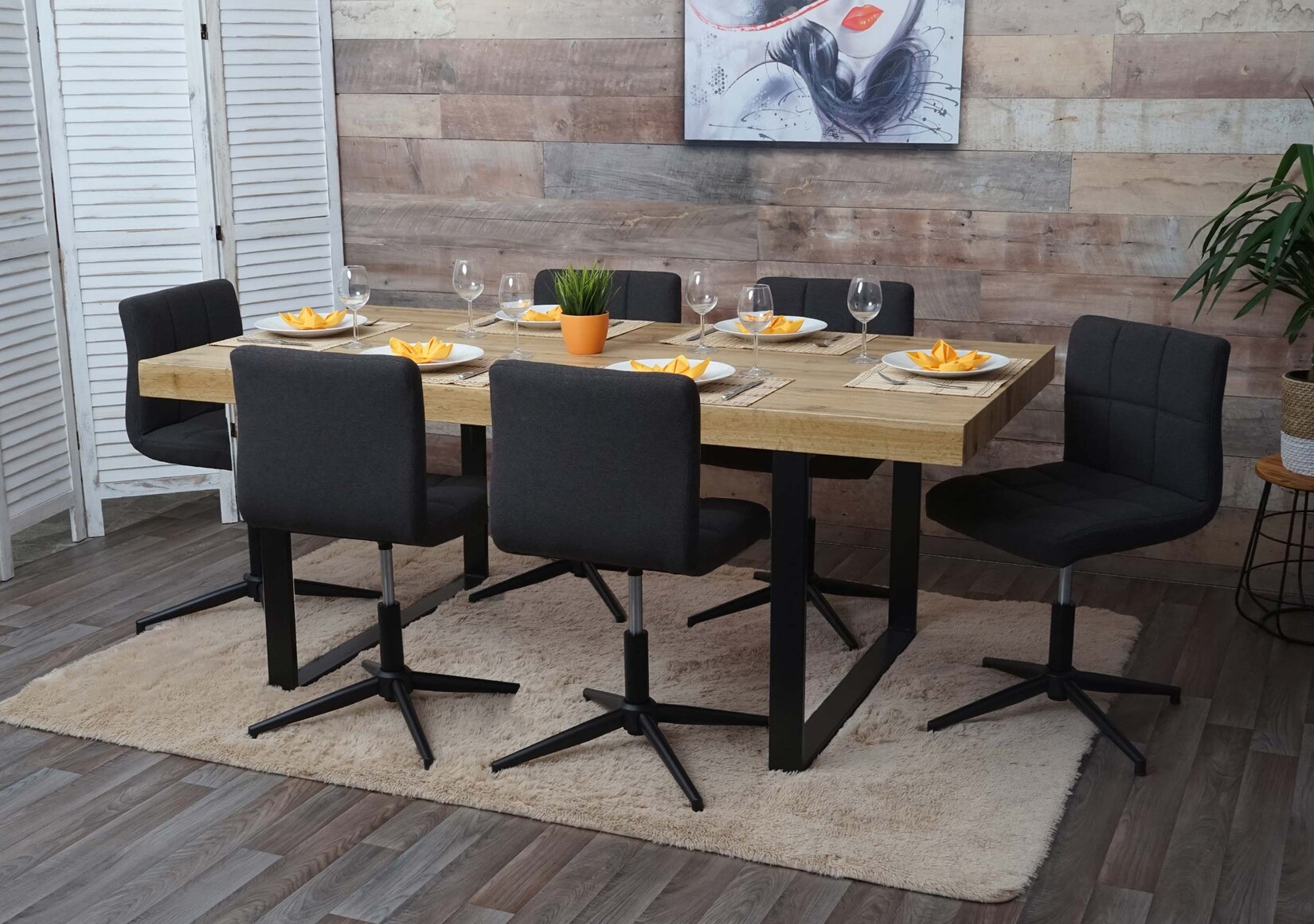 6er-Set Esszimmerstuhl Cadiz II, Küchenstuhl, höhenverstellbar Drehmechanismus ~ Stoff/Textil dunkelgrau, Fuß schwarz | 04057651410432