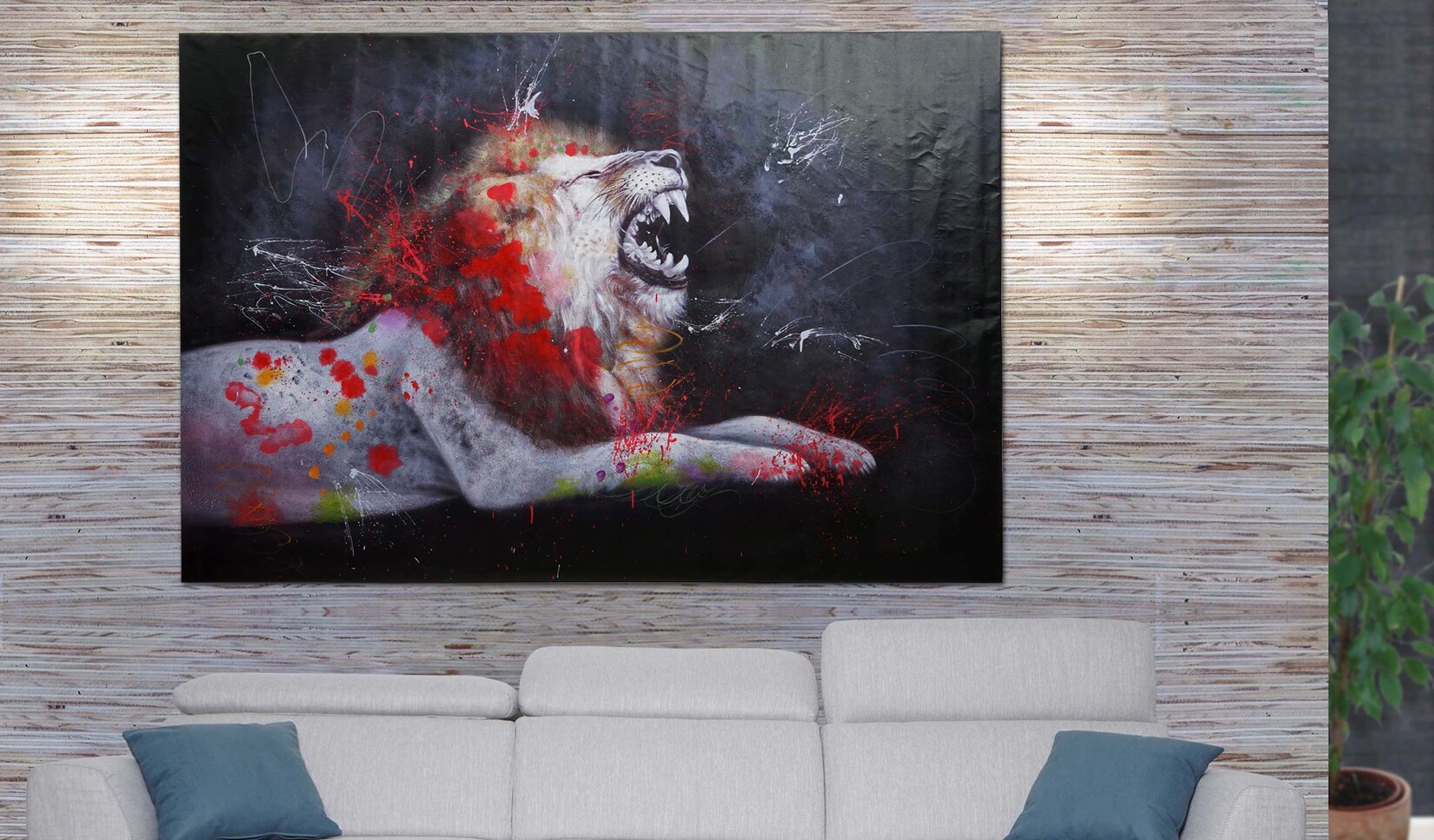 Ölgemälde Löwe MCW-H25, Leinwandbild Wandgemälde Gemälde, handgemaltes XL Wandbild ~ 120x180cm