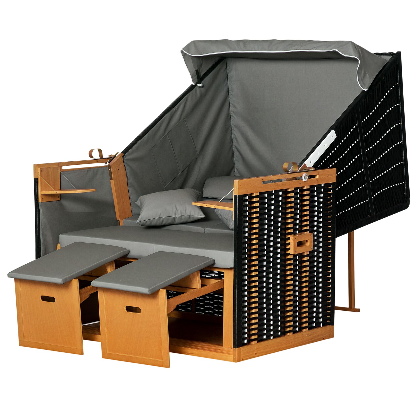 Strandkorb Holz, PE-Rattan, Polyester, Schaumstoff