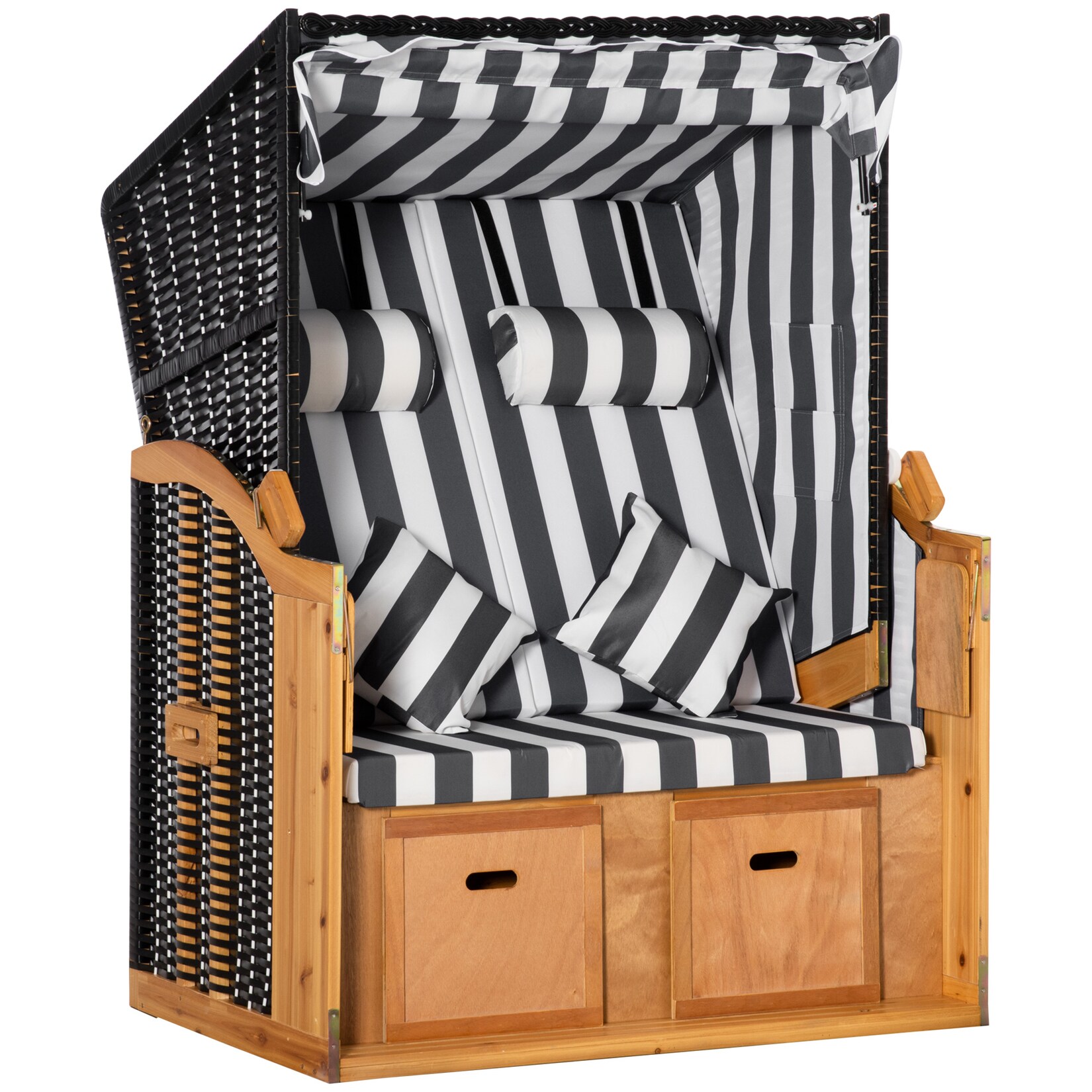 Strandkorb Holz, PE-Rattan, Polyester, Schaumstoff