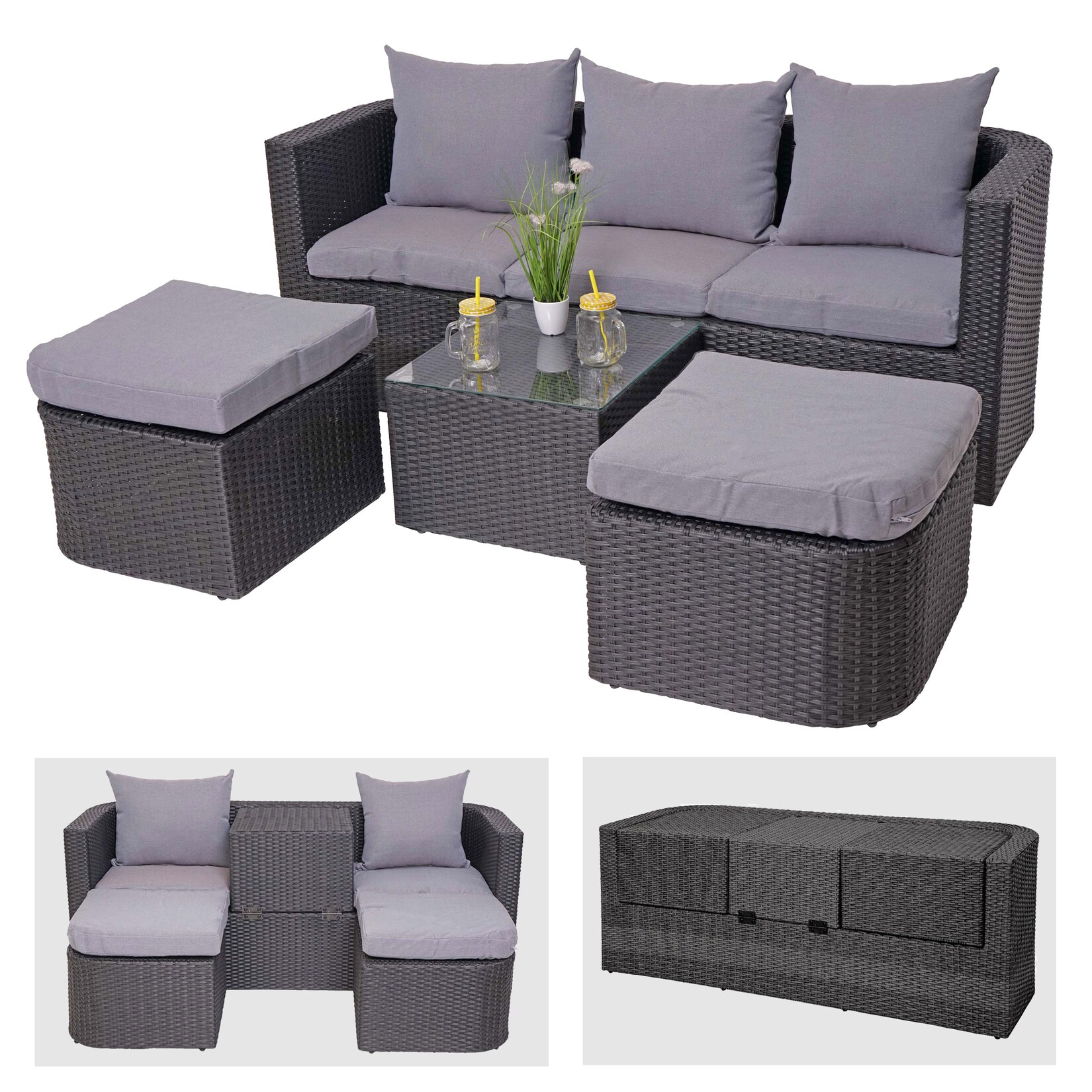 3in1-Garnitur MCW-J37, Garten-/Lounge-Set Sonneninsel, Spun Poly Poly-Rattan MVG ~ anthrazit, Kissen hellgrau