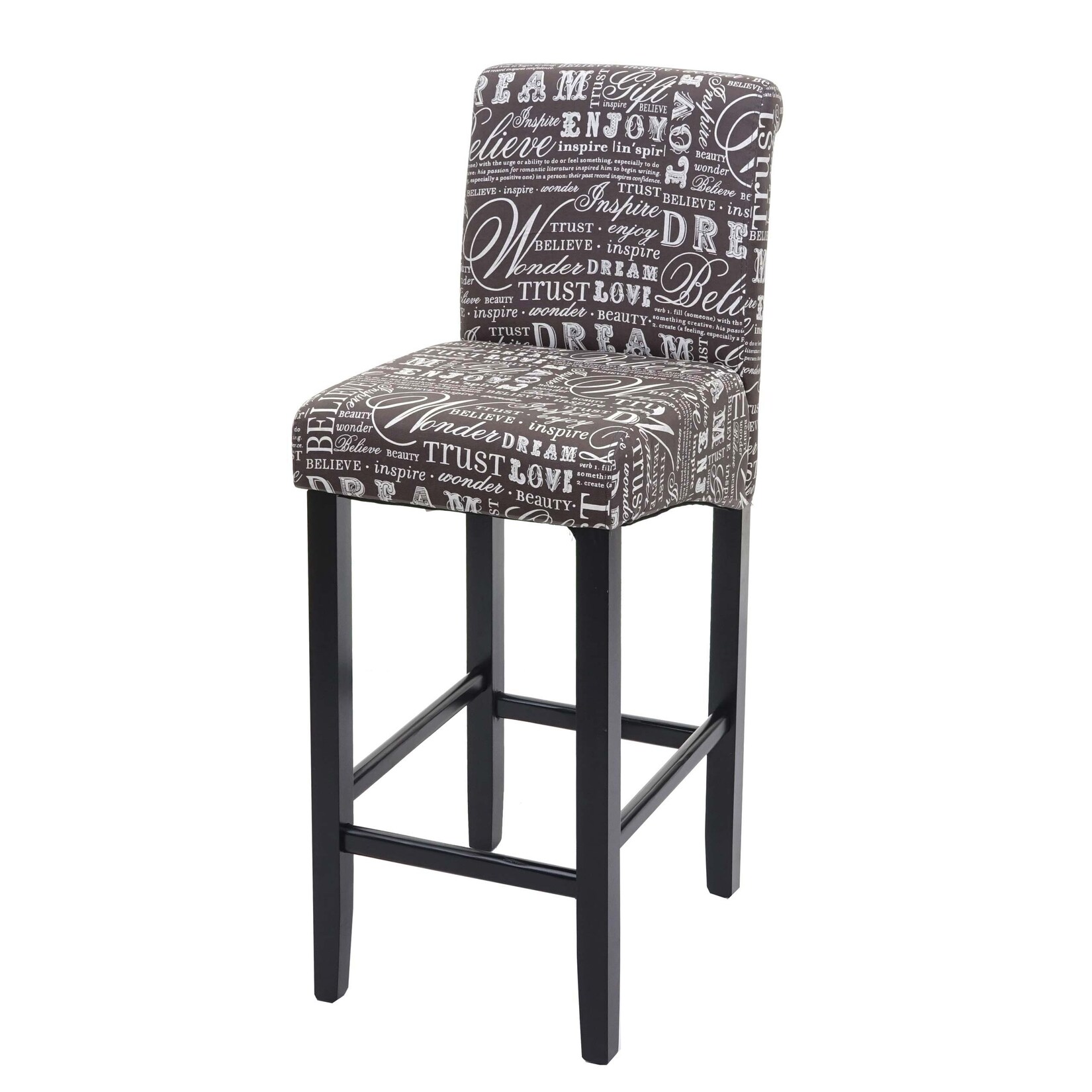 Barhocker MCW-C33, Barstuhl Tresenhocker, Holz MVG-zertifiziert ~ Schriftzug, grau, dunkle Beine, Stoff/Textil