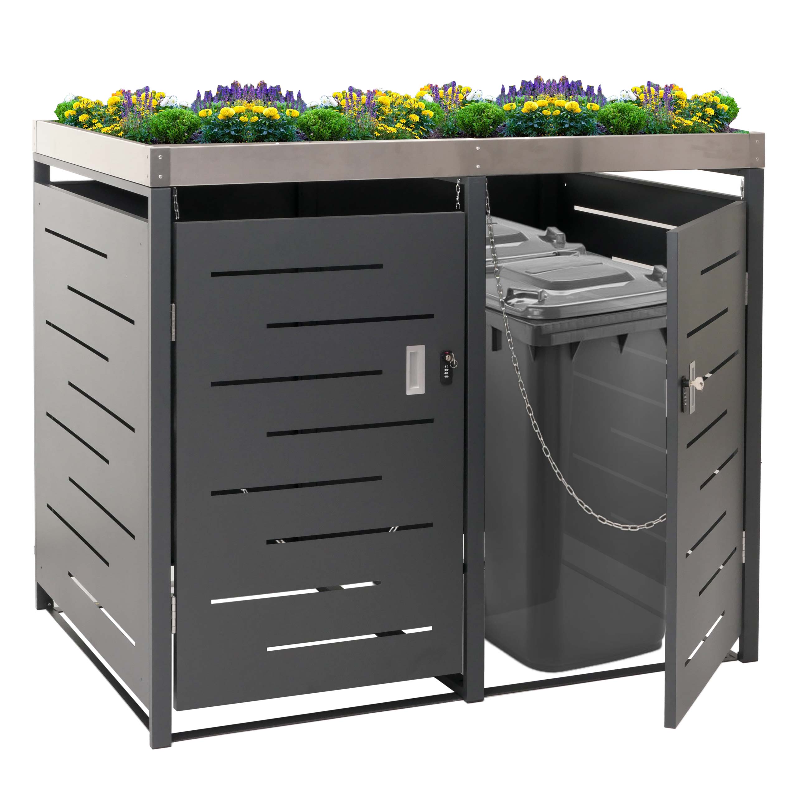 XL 2er-/4er-M&uuml;lltonnenverkleidung MCW-H40, M&uuml;lltonnenbox, Pflanzkasten Edelstahl-Metall 63kg 125x140x102cm erweiterbar - Bild 1