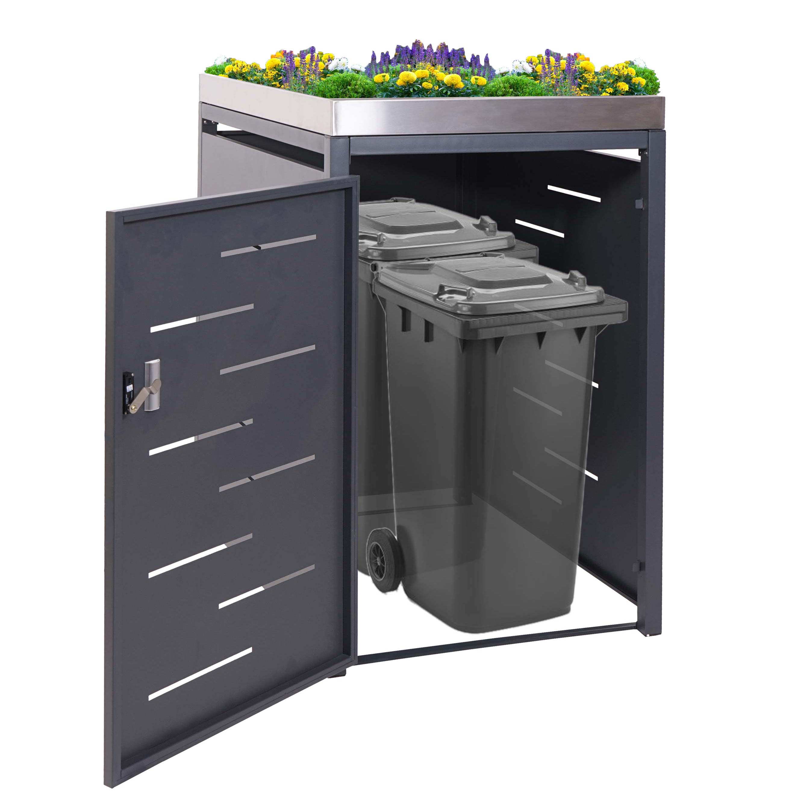 XL 1er-/2er-M&uuml;lltonnenverkleidung MCW-H40, M&uuml;lltonnenbox, Pflanzkasten Edelstahl-Metall 40kg 125x75x102cm erweiterbar - Bild 1