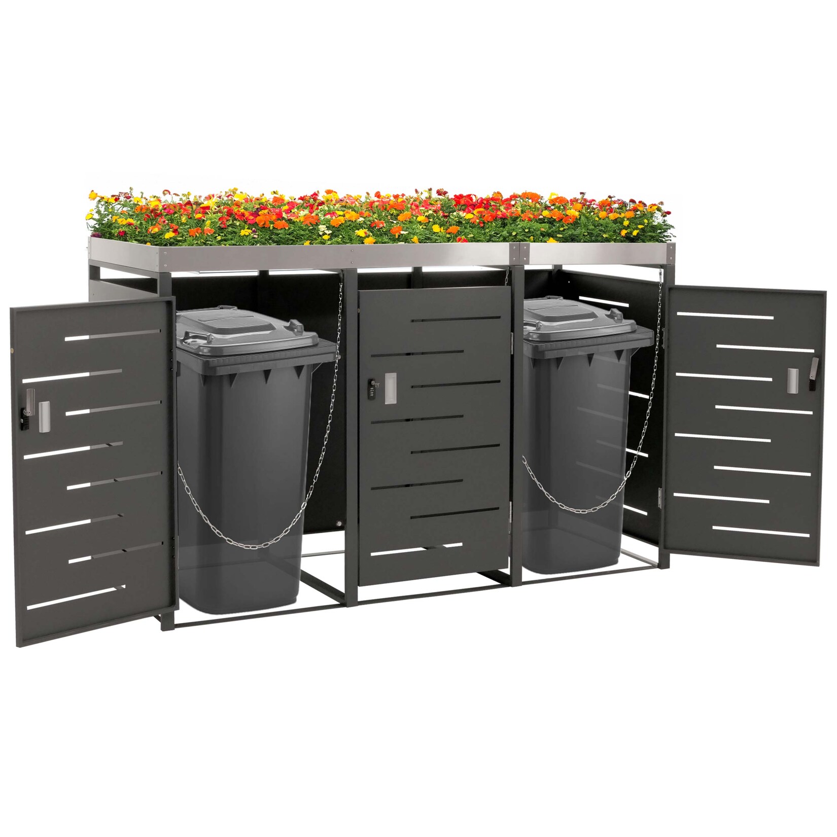 3er-Mülltonnenverkleidung MCW-H40, Mülltonnenbox, Pflanzkasten Edelstahl-Metall-Kombi 78kg 125x198x84cm erweiterbar
