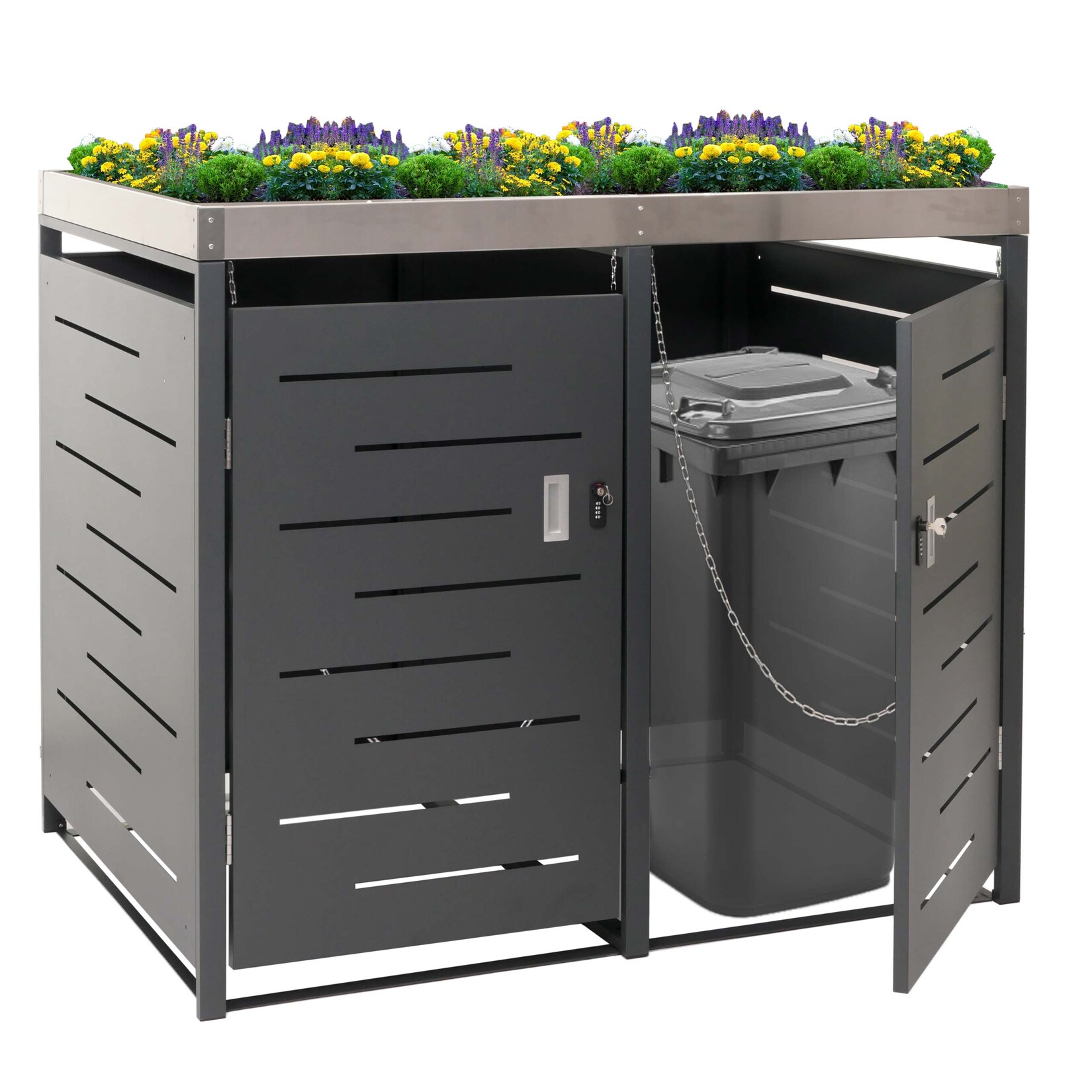 2er-Mülltonnenverkleidung MCW-H40, Mülltonnenbox, Pflanzkasten Edelstahl-Metall-Kombi 54kg 125x134x84cm erweiterbar
