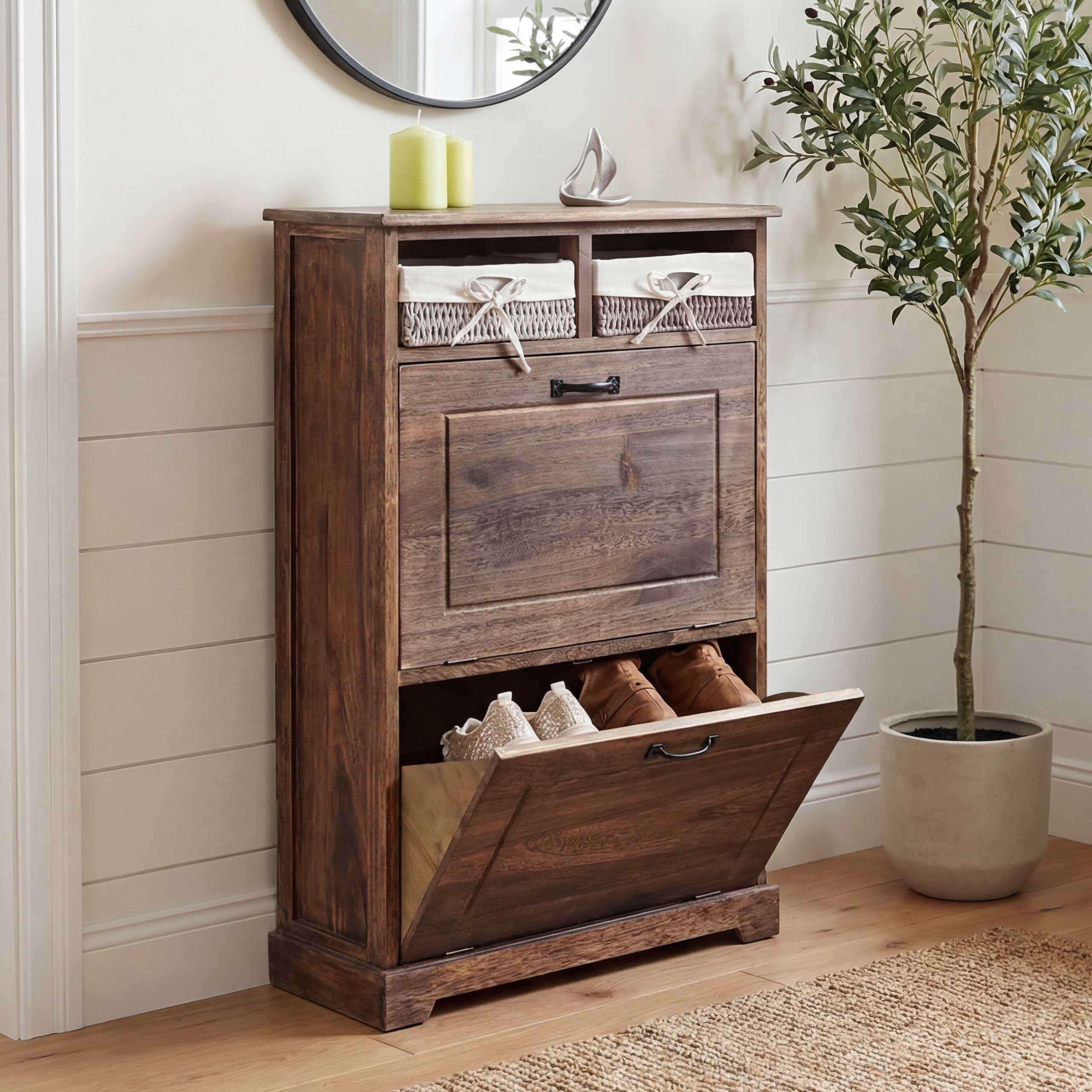 Schuhkipper MCW-H19, Schuhschrank Schuhregal Schuhablage, Massiv-Holz Shabby-Look Korb-Schublade 100x60x24cm ~ braun - Bild 1