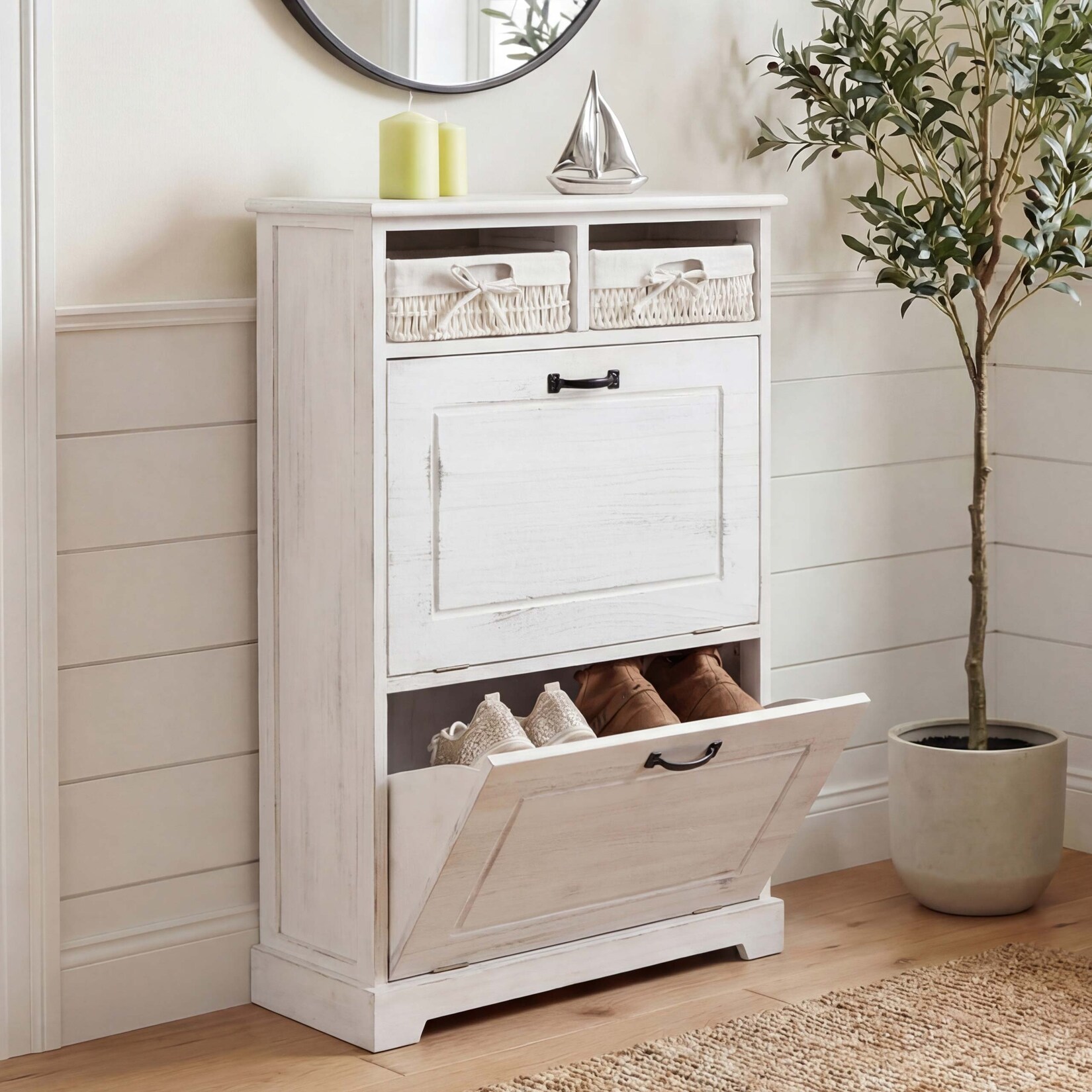Schuhkipper MCW-H19, Schuhschrank Schuhregal Schuhablage, Massiv-Holz Shabby-Look Korb-Schublade 100x60x24cm ~ weiß