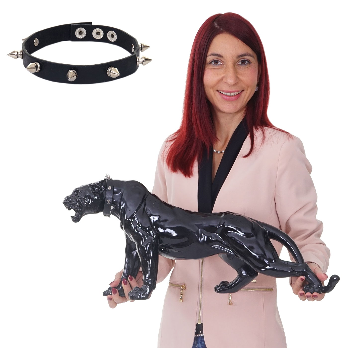 Deko Figur Panther 59cm, Polyresin Skulptur Leopard, In-/Outdoor ~ schwarz hochglanz mit Halsband - Bild 1