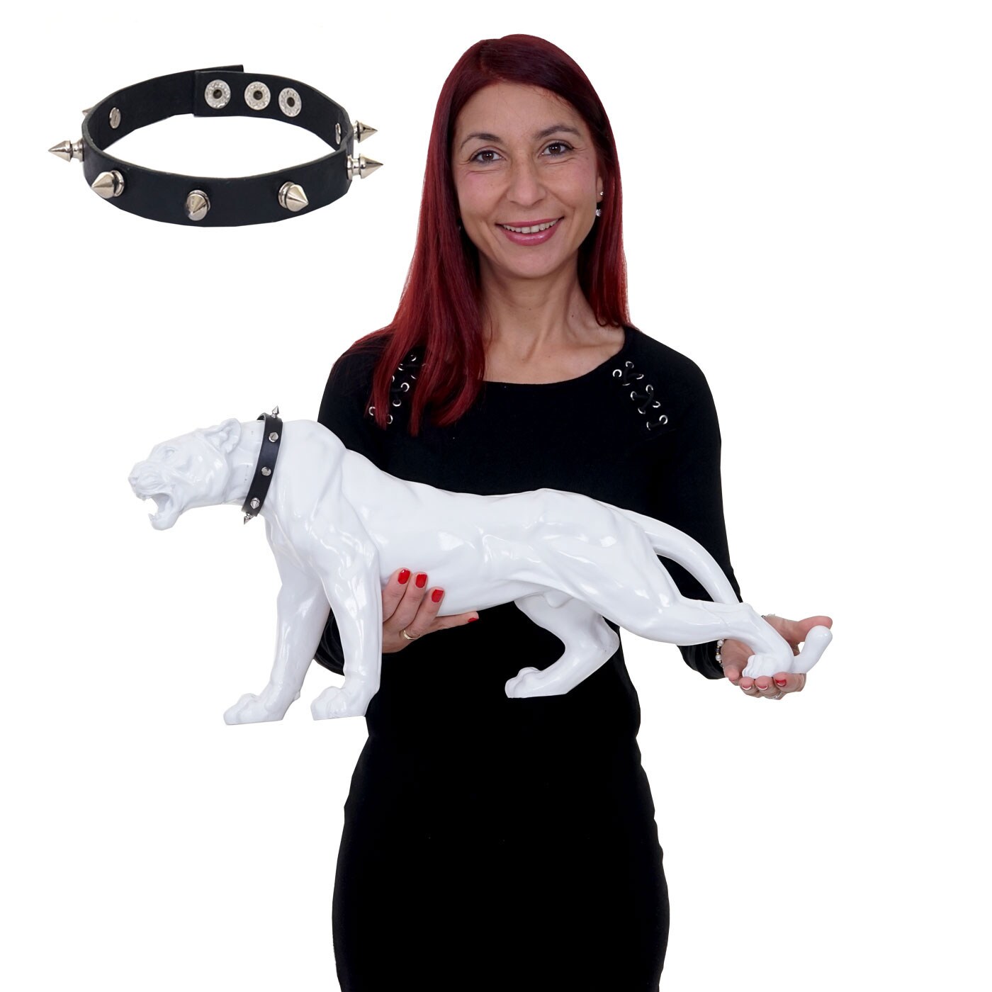 Deko Figur Panther 59cm, Polyresin Skulptur Leopard, In-/Outdoor ~ weiß hochglanz mit Halsband | 04057651188195