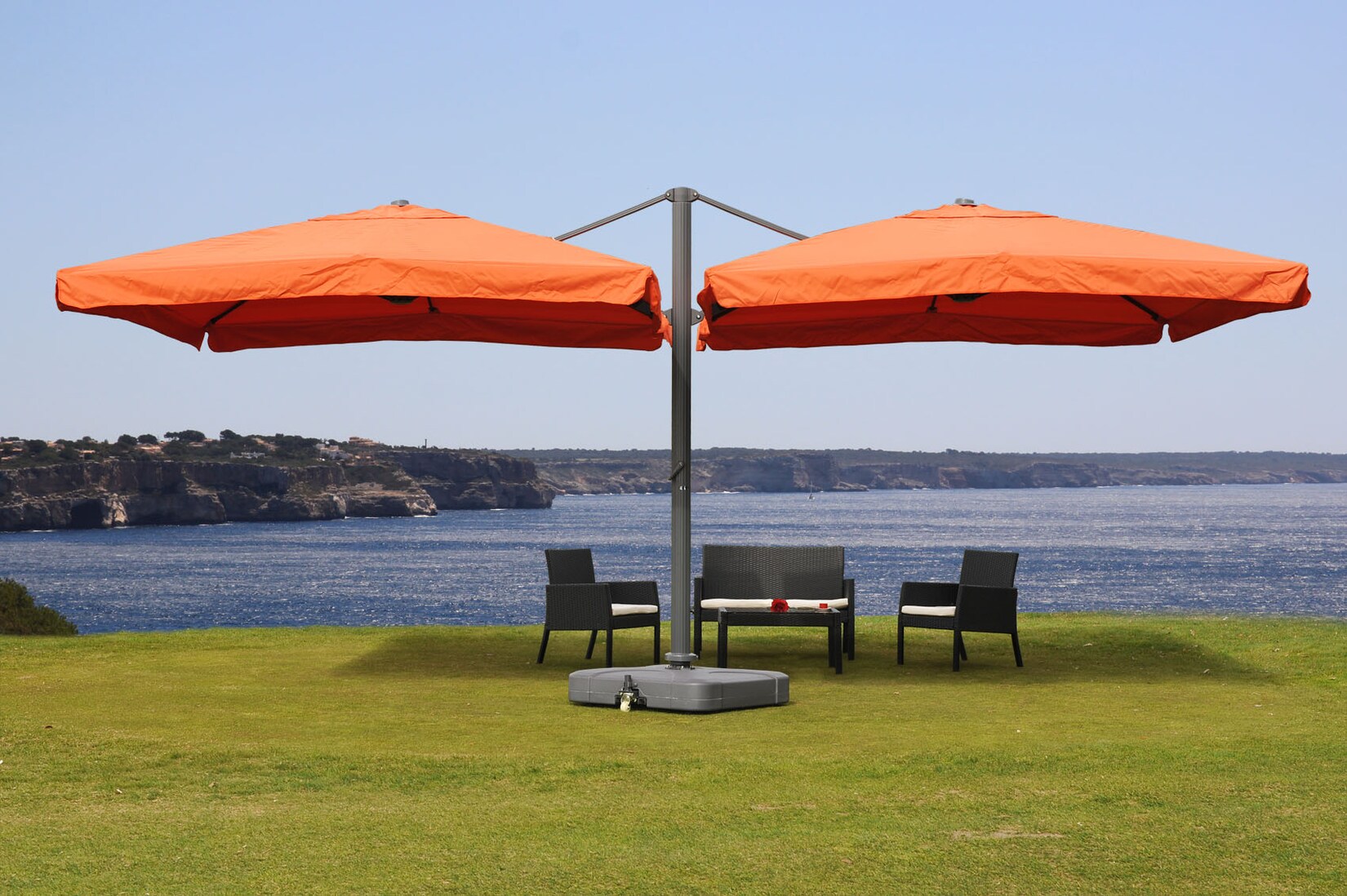 Gastronomie-Alu-Luxus-Doppel-Ampelschirm T44, Pergola-Markise-Effekt, 6,2x3m Polyester 50kg ~ terracotta + Ständer | 04052826052837