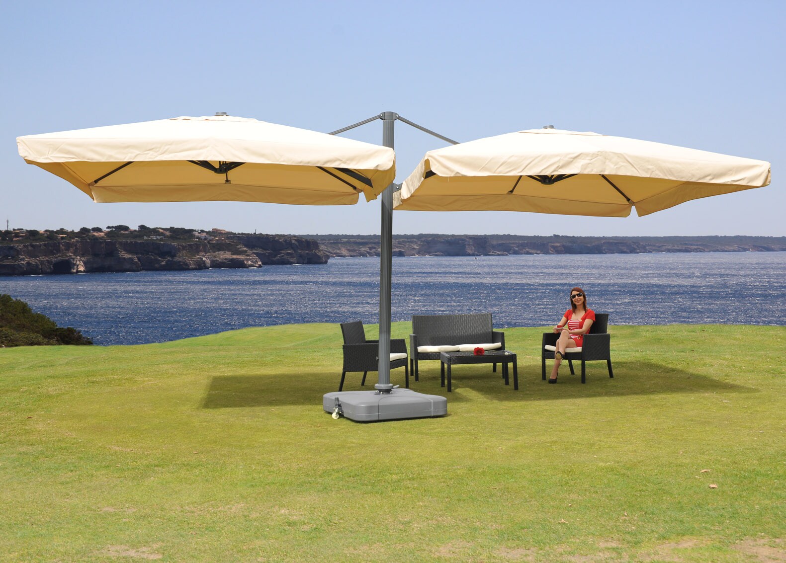 Gastronomie-Alu-Luxus-Doppel-Ampelschirm T44, Pergola-Markise-Effekt, 6,2x3m, creme + Ständer | 04052826052820