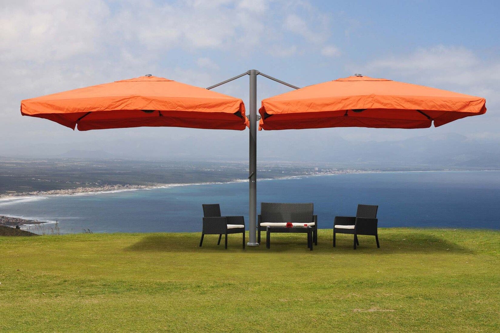 Gastronomie-Alu-Luxus-Doppel-Ampelschirm T44, Pergola-Markise-Effekt, 6,2x3m Polyester 50kg ~ terracotta | 04052826052813