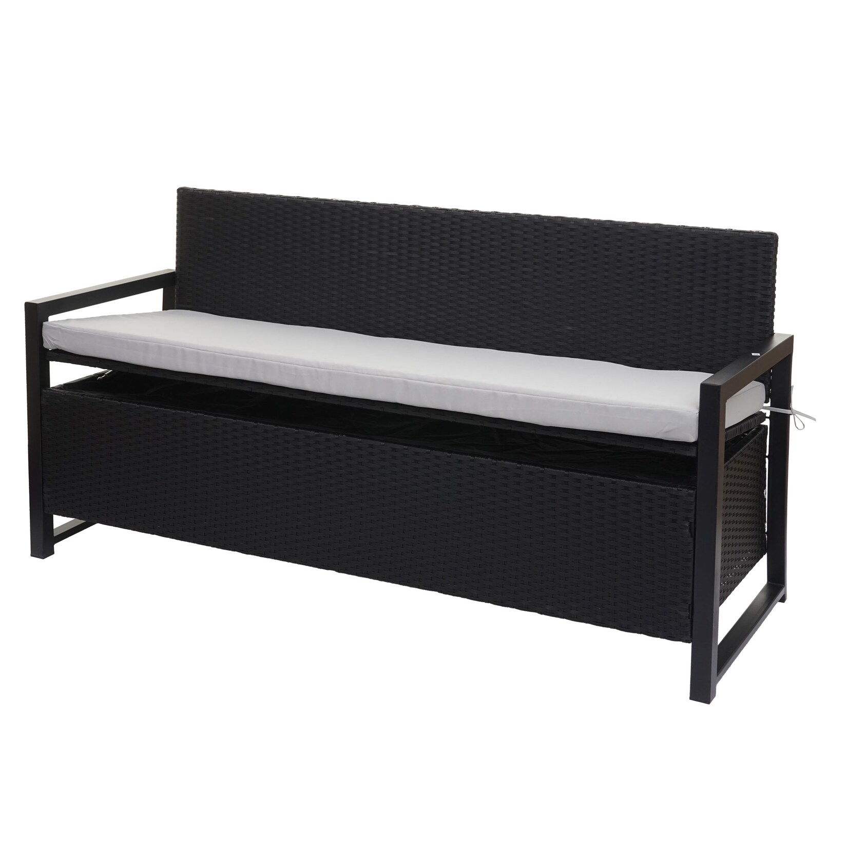 Poly-Rattan 3er Sitzbank MCW-F39, Gartenbank Truhenbank, Staufach Aufbewahrung Sitzkissen ~ anthrazit, Kissen grau