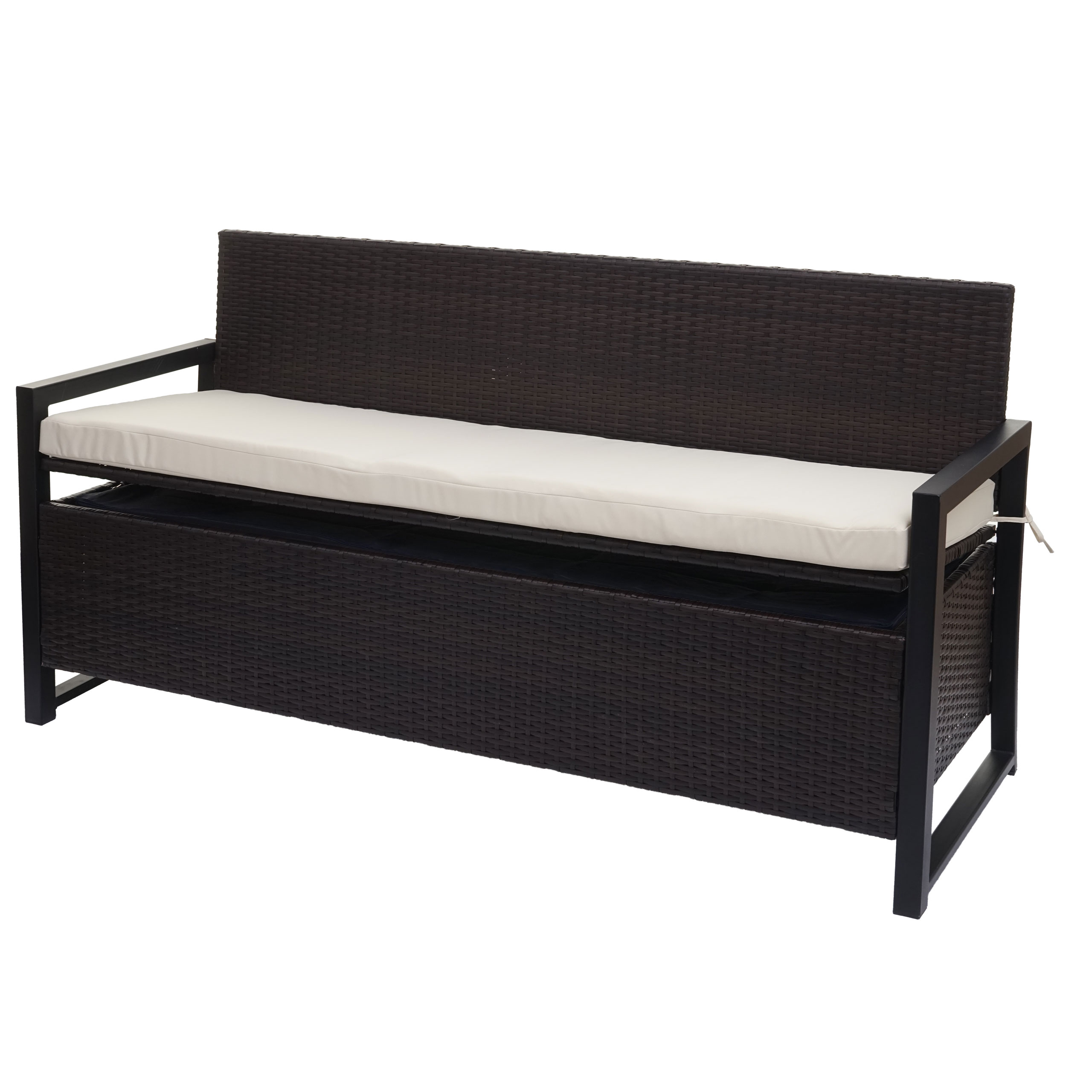 Poly-Rattan 3er Sitzbank MCW-F39, Gartenbank Truhenbank, Staufach Aufbewahrung Sitzkissen ~ braun, Kissen creme - Bild 1