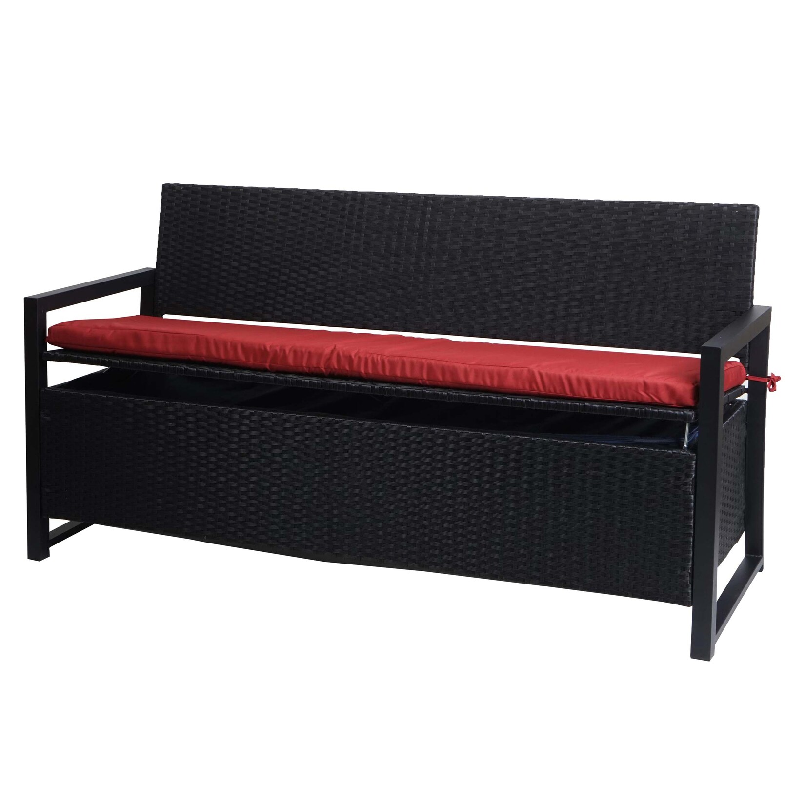 Poly-Rattan 3er Sitzbank MCW-F39, Gartenbank Truhenbank, Staufach Aufbewahrung Sitzkissen ~ anthrazit, Kissen bordeaux
