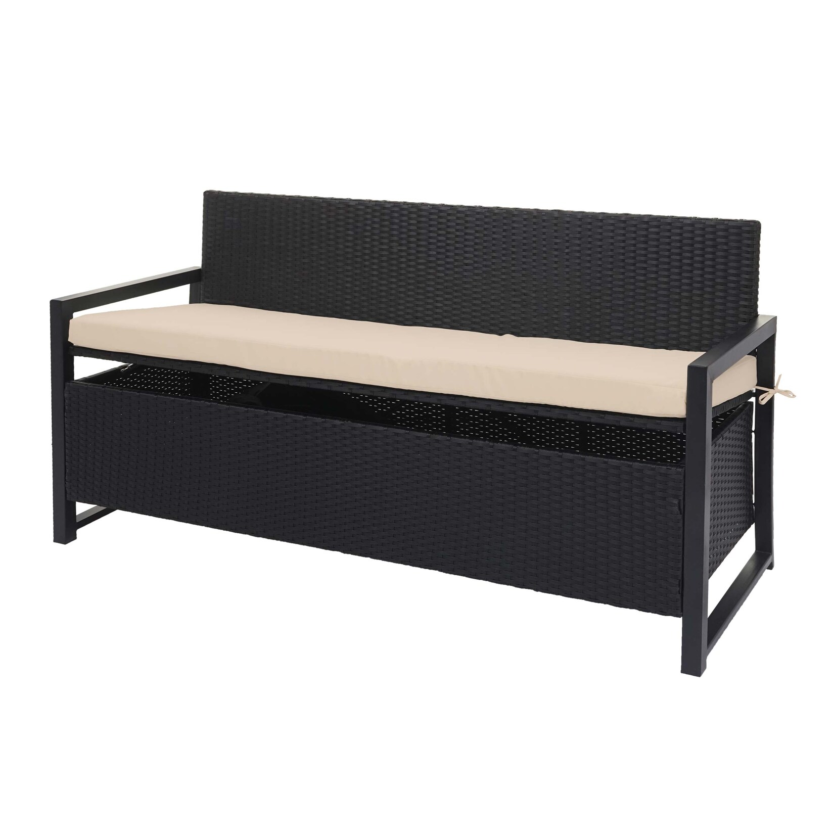 Poly-Rattan 3er Sitzbank MCW-F39, Gartenbank Truhenbank, Staufach Aufbewahrung Sitzkissen ~ anthrazit, Kissen beige