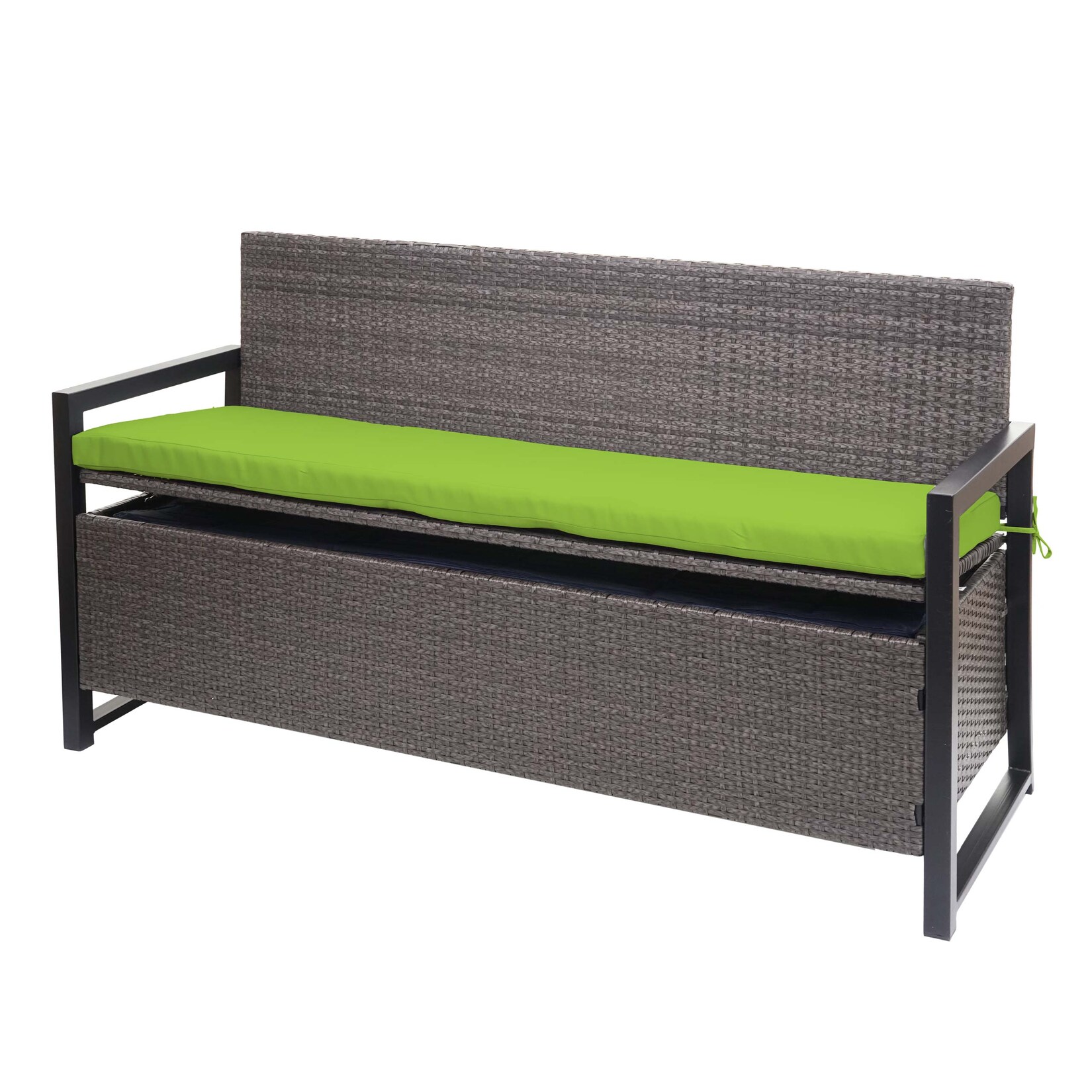Poly-Rattan 3er Sitzbank MCW-F39, Gartenbank Truhenbank, Staufach Aufbewahrung Sitzkissen ~ grau-meliert, Kissen grün | 04057651567709