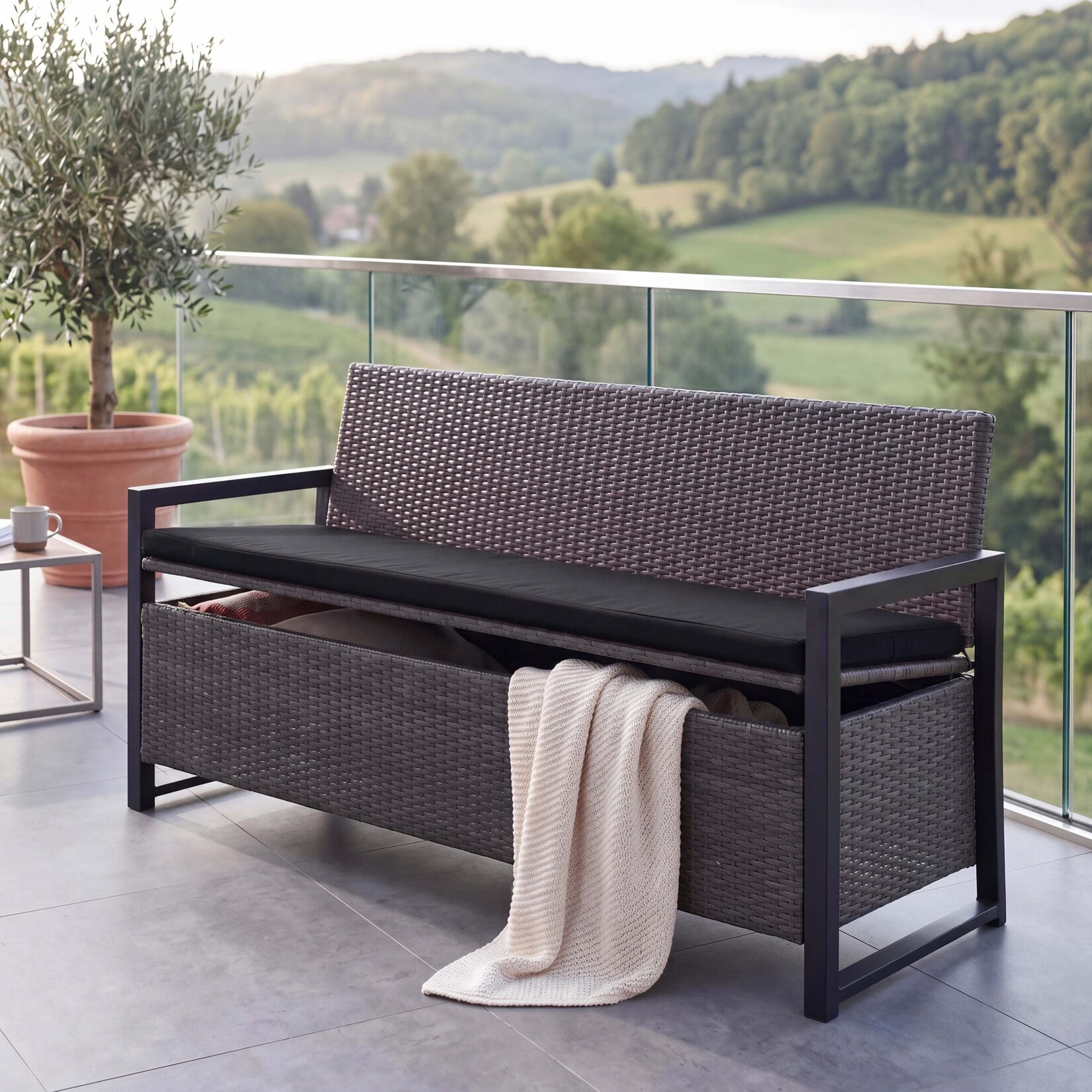 Poly-Rattan 3er Sitzbank -F39, Gartenbank Truhenbank, Staufach Aufbewahrung Sitzkissen ~ grau, Kissen schwarz
